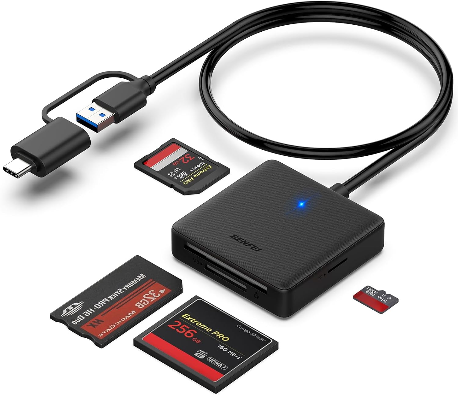 Memory Card Reader, BENFEI 4in1 USB 3.0 and USB-C to SD Micro SD MS CF Card Reader Adapter, 4 Cards Simultaneously Read and Write, Compatible with iPhone 15 Series, MacBook Pro/Air 2023, and More - pokemaMemory Card Reader, BENFEI 4in1 USB 3.0 and USB-C to SD Micro SD MS CF Card Reader Adapter, 4 Cards Simultaneously Read and Write, Compatible with iPhone 15 Series, MacBook Pro/Air 2023, and More