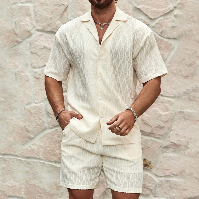 Men Tracksuits Summer Fashion Solid Loose Casual Two Pieces Lapel Button Shirt Shorts Beach Holiday All-match Outfits Male - pokema8f8af6645be1d8171992aad1e500f727