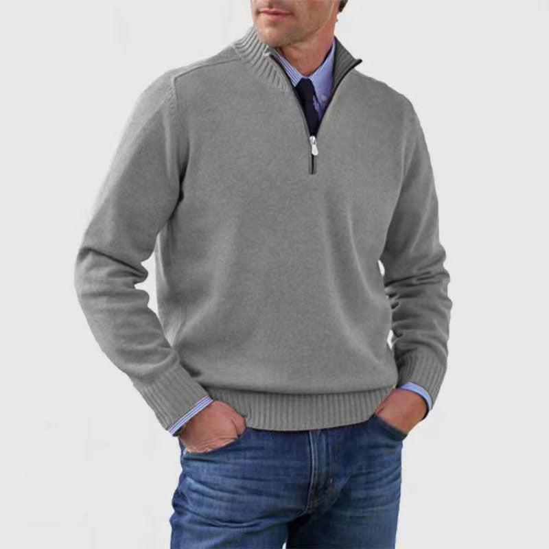 Men's Stand Collar Zipper Sweater Winter Fashion Solid Color Long Sleeve Knitted Top Clothing - pokema9422575d83235072d206513c08fbae3a