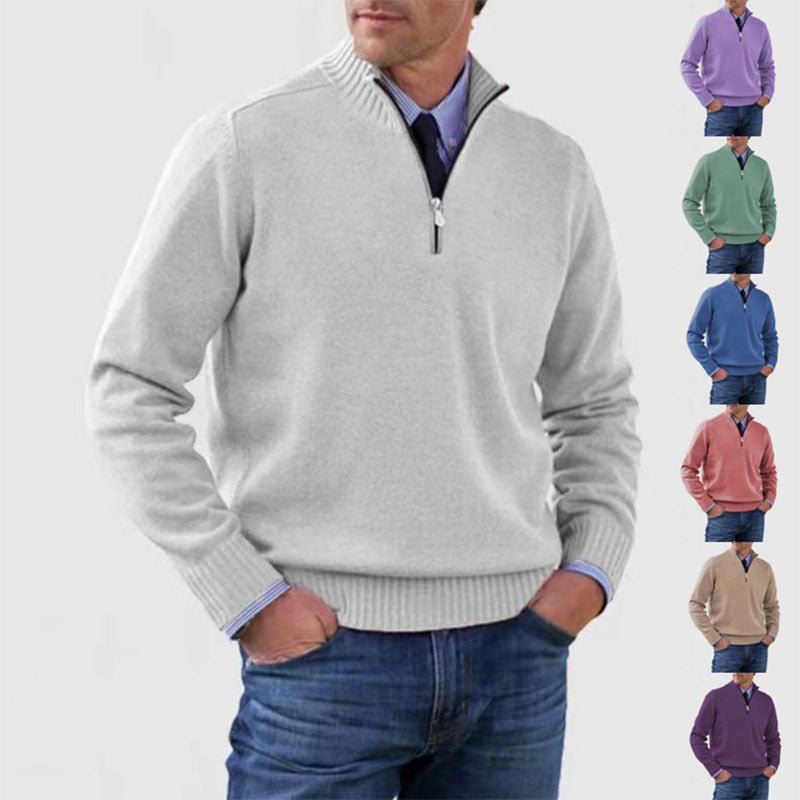 Men's Stand Collar Zipper Sweater Winter Fashion Solid Color Long Sleeve Knitted Top Clothing - pokema8b8446799758be573a72acc406fd6da8