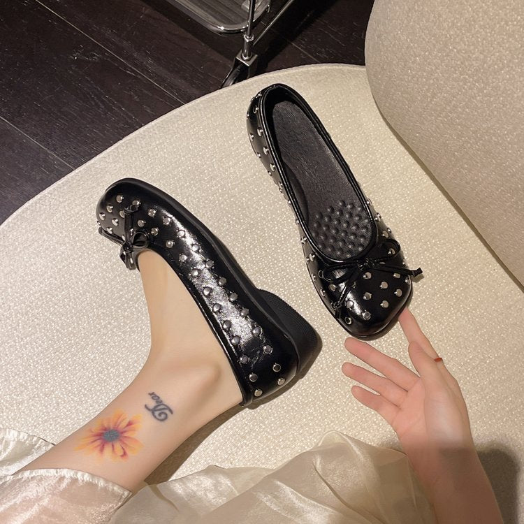 New Summer Rivet Bow Mary Jane Shoes Slip On Inner Heightening Ballet Flats For Women - pokemaafc64ce278a448225c596511327e88e2