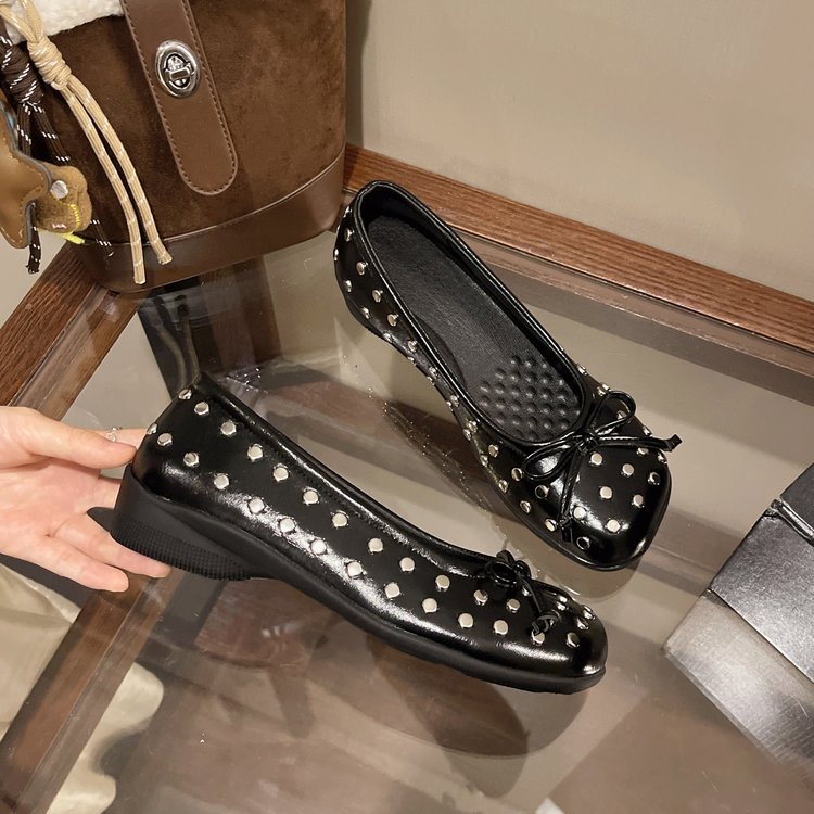 New Summer Rivet Bow Mary Jane Shoes Slip On Inner Heightening Ballet Flats For Women - pokema2946e5b1c4c700c164592f41af883b97