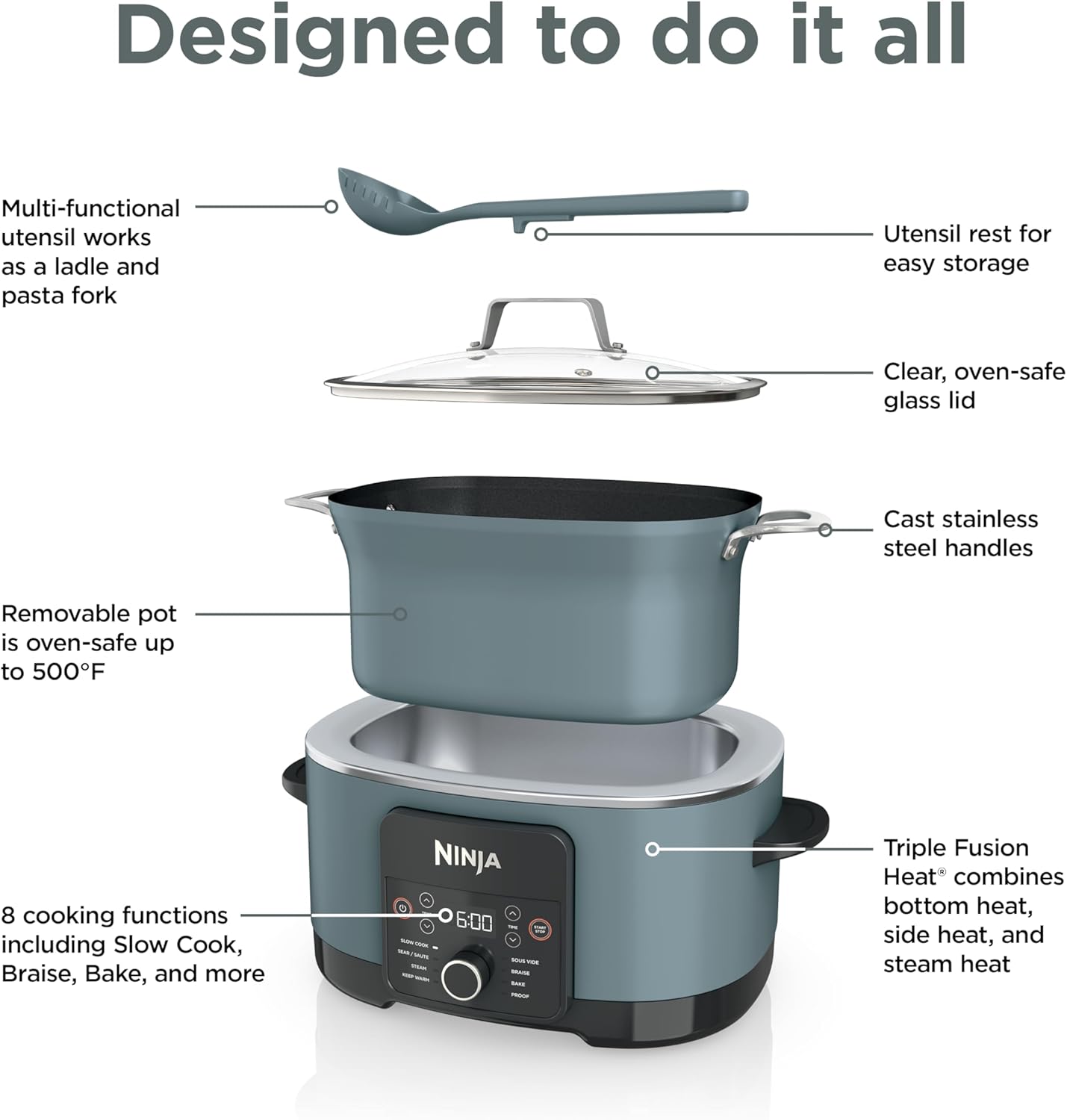Ninja MC1001C Foodi PossibleCooker PRO 8.5 Quart Multi-Cooker, with 8-in-1 Slow Cooker,Dutch Oven,Steamer &More,Glass Lid & Integrated Spoon,Nonstick,Oven Safe Pot to 500°F,Sea Salt Gray,Sea Salt Grey - pokemaNinja MC1001C Foodi PossibleCooker PRO 8.5 Quart Multi-Cooker, with 8-in-1 Slow Cooker,Dutch Oven,Steamer &More,Glass Lid & Integrated Spoon,Nonstick,Oven Safe Pot to 500°F,Sea Salt Gray,Sea Salt Grey