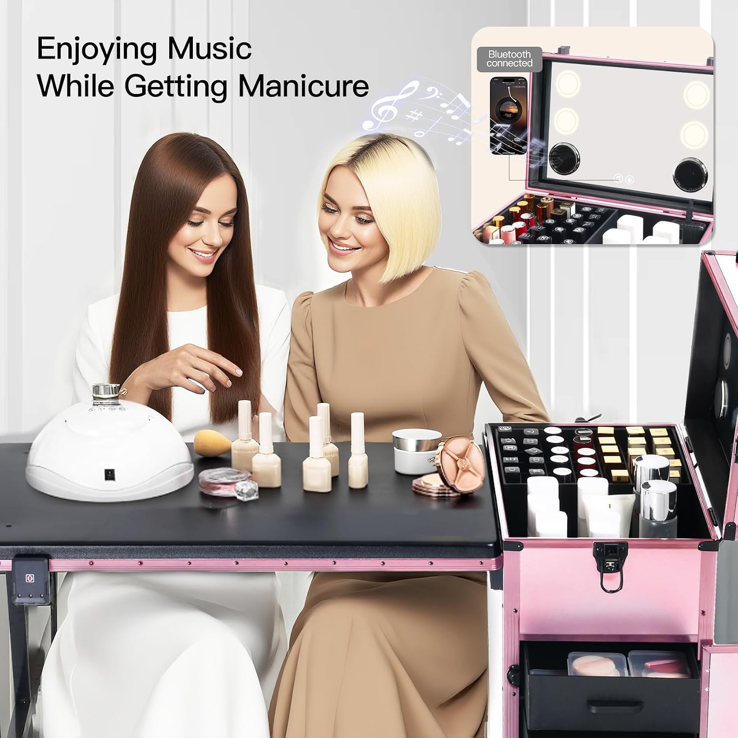 OBOX Rolling Portable Manicure Table with 3 Drawers, Lockable Makeup Train Case with Mirror, Foldable Nail Desk with Wheels & Handle, Mesa de Uñas Profesional para Nail Techs & Salon Use, Pink - pokemaOBOX Rolling Portable Manicure Table with 3 Drawers, Lockable Makeup Train Case with Mirror, Foldable Nail Desk with Wheels & Handle, Mesa de Uñas Profesional para Nail Techs & Salon Use, Pink