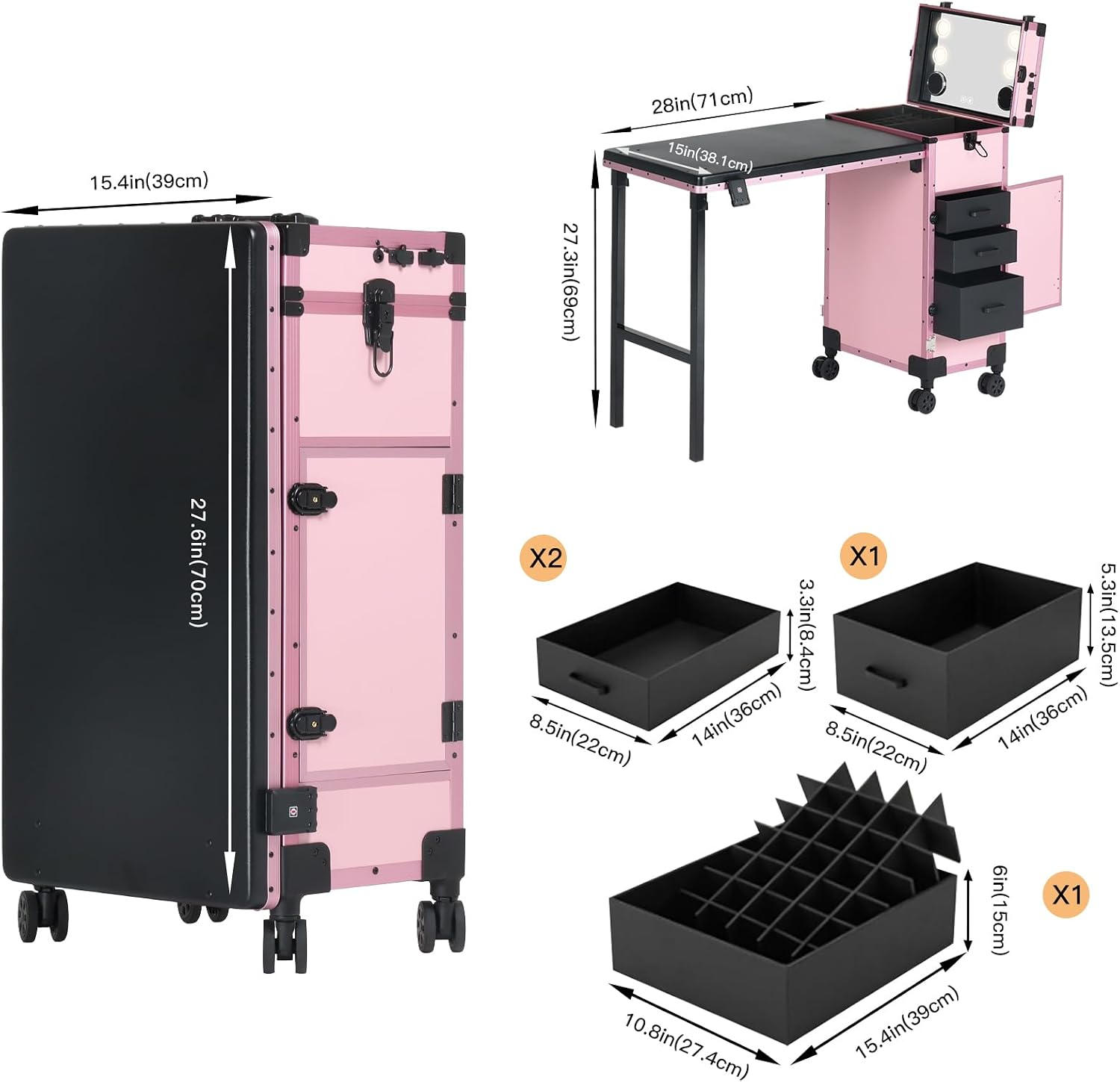 OBOX Rolling Portable Manicure Table with 3 Drawers, Lockable Makeup Train Case with Mirror, Foldable Nail Desk with Wheels & Handle, Mesa de Uñas Profesional para Nail Techs & Salon Use, Pink - pokemaOBOX Rolling Portable Manicure Table with 3 Drawers, Lockable Makeup Train Case with Mirror, Foldable Nail Desk with Wheels & Handle, Mesa de Uñas Profesional para Nail Techs & Salon Use, Pink
