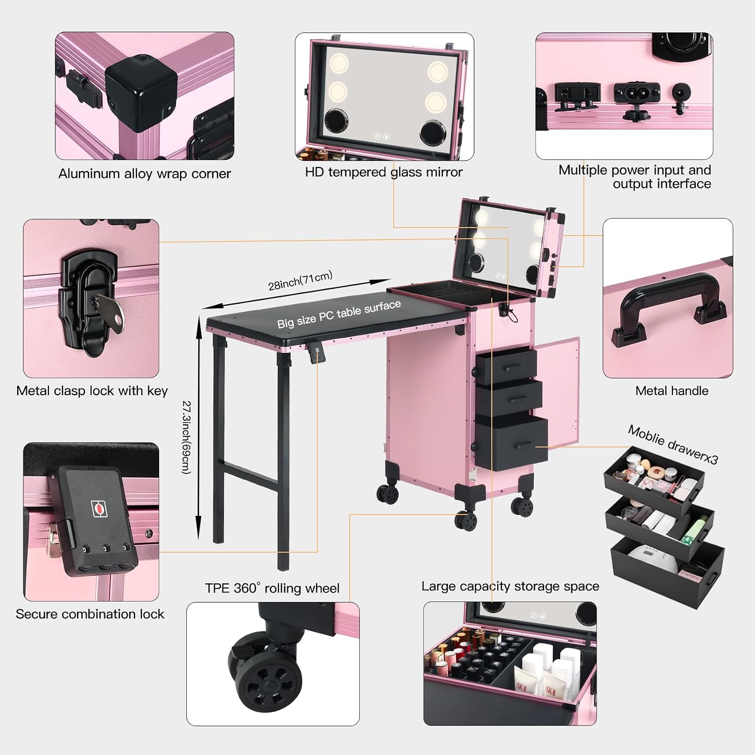 OBOX Rolling Portable Manicure Table with 3 Drawers, Lockable Makeup Train Case with Mirror, Foldable Nail Desk with Wheels & Handle, Mesa de Uñas Profesional para Nail Techs & Salon Use, Pink - pokemaOBOX Rolling Portable Manicure Table with 3 Drawers, Lockable Makeup Train Case with Mirror, Foldable Nail Desk with Wheels & Handle, Mesa de Uñas Profesional para Nail Techs & Salon Use, Pink