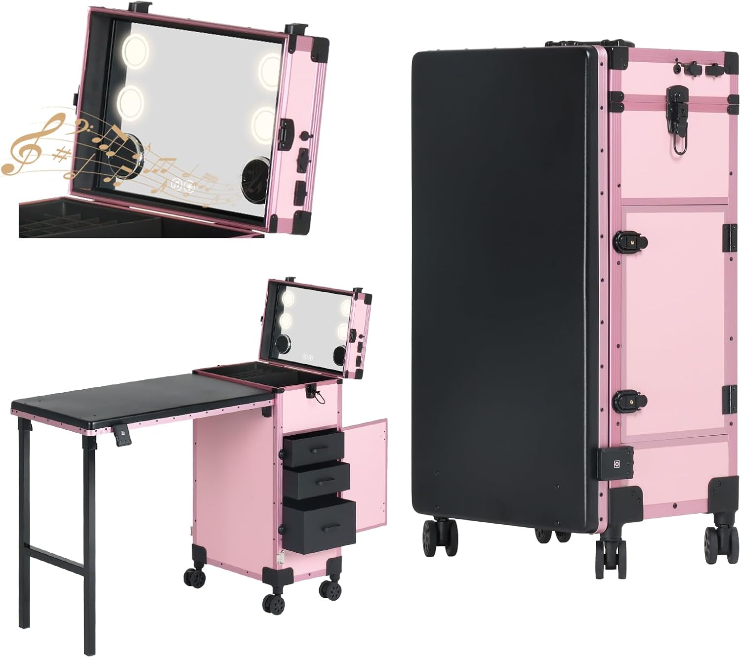 OBOX Rolling Portable Manicure Table with 3 Drawers, Lockable Makeup Train Case with Mirror, Foldable Nail Desk with Wheels & Handle, Mesa de Uñas Profesional para Nail Techs & Salon Use, Pink - pokemaOBOX Rolling Portable Manicure Table with 3 Drawers, Lockable Makeup Train Case with Mirror, Foldable Nail Desk with Wheels & Handle, Mesa de Uñas Profesional para Nail Techs & Salon Use, Pink