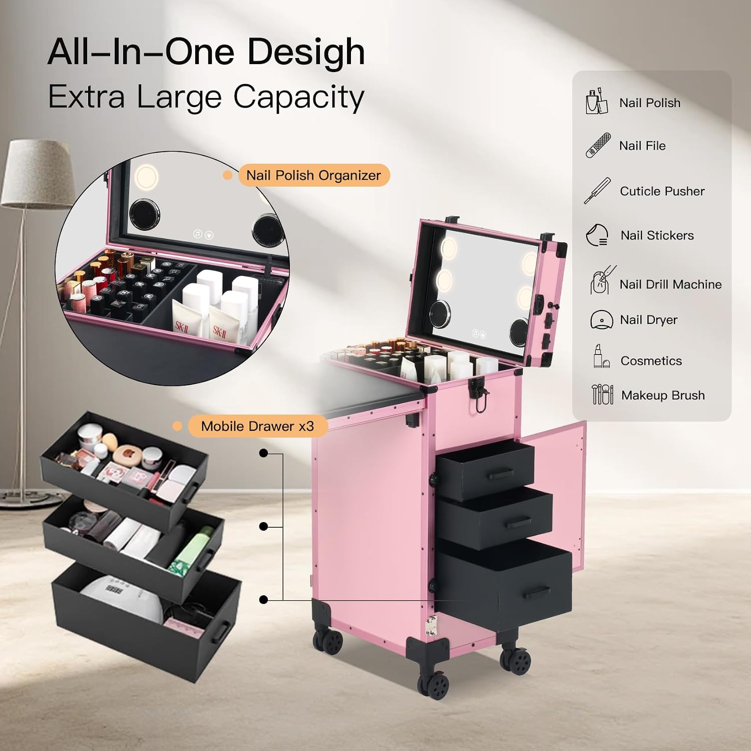 OBOX Rolling Portable Manicure Table with 3 Drawers, Lockable Makeup Train Case with Mirror, Foldable Nail Desk with Wheels & Handle, Mesa de Uñas Profesional para Nail Techs & Salon Use, Pink - pokemaOBOX Rolling Portable Manicure Table with 3 Drawers, Lockable Makeup Train Case with Mirror, Foldable Nail Desk with Wheels & Handle, Mesa de Uñas Profesional para Nail Techs & Salon Use, Pink