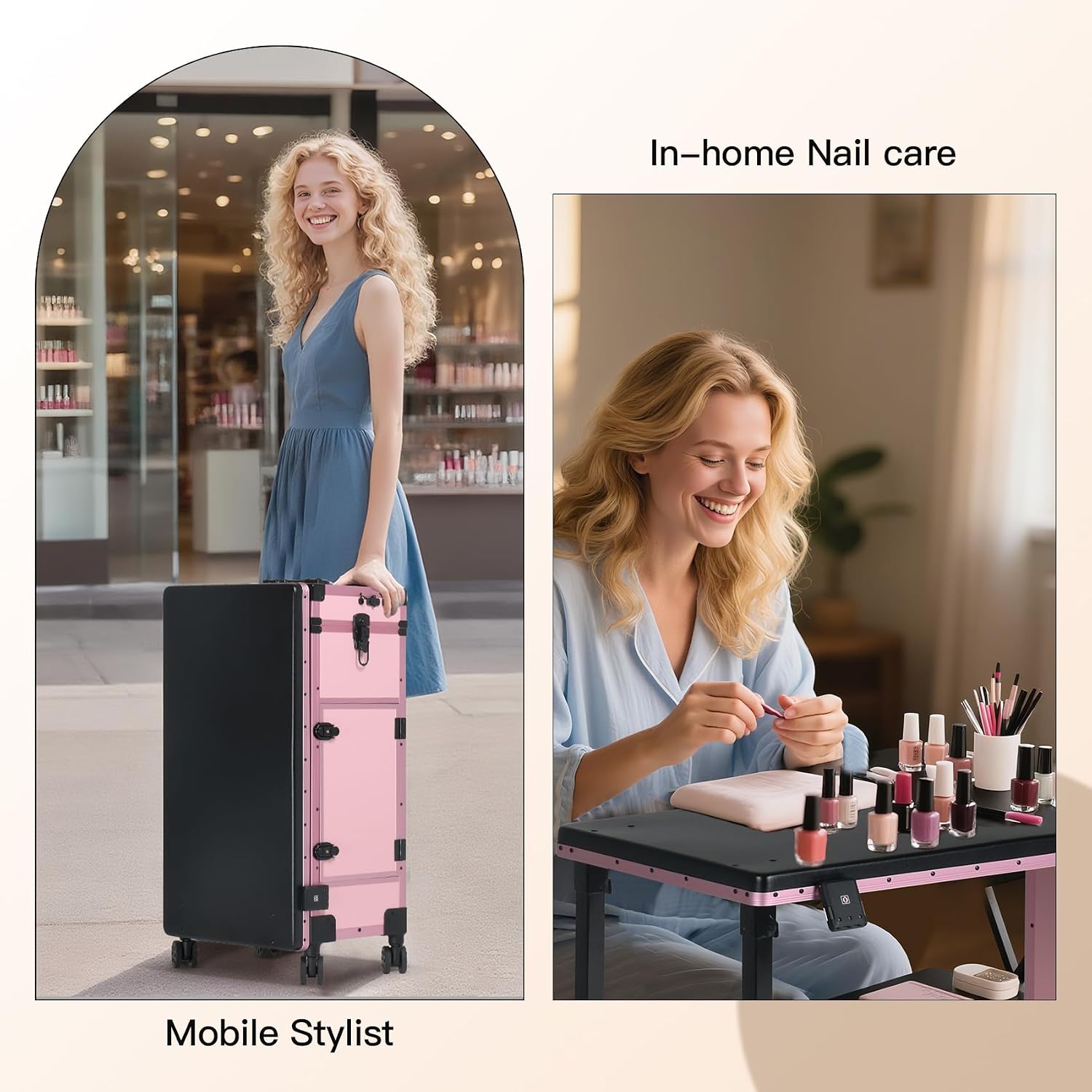OBOX Rolling Portable Manicure Table with 3 Drawers, Lockable Makeup Train Case with Mirror, Foldable Nail Desk with Wheels & Handle, Mesa de Uñas Profesional para Nail Techs & Salon Use, Pink - pokemaOBOX Rolling Portable Manicure Table with 3 Drawers, Lockable Makeup Train Case with Mirror, Foldable Nail Desk with Wheels & Handle, Mesa de Uñas Profesional para Nail Techs & Salon Use, Pink