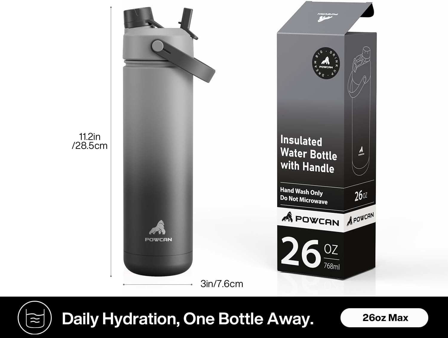 POWCAN 26 oz Insulated Water Bottle with 2-in-1 Straw and Spout Lid, Keep Cold 24H, Leak-Proof, Fits in Car Cup Holder, Stainless Steel Water Bottle for Sports, Travel, Gym, and School (Obsidian) - pokemaPOWCAN 26 oz Insulated Water Bottle with 2-in-1 Straw and Spout Lid, Keep Cold 24H, Leak-Proof, Fits in Car Cup Holder, Stainless Steel Water Bottle for Sports, Travel, Gym, and School (Obsidian)