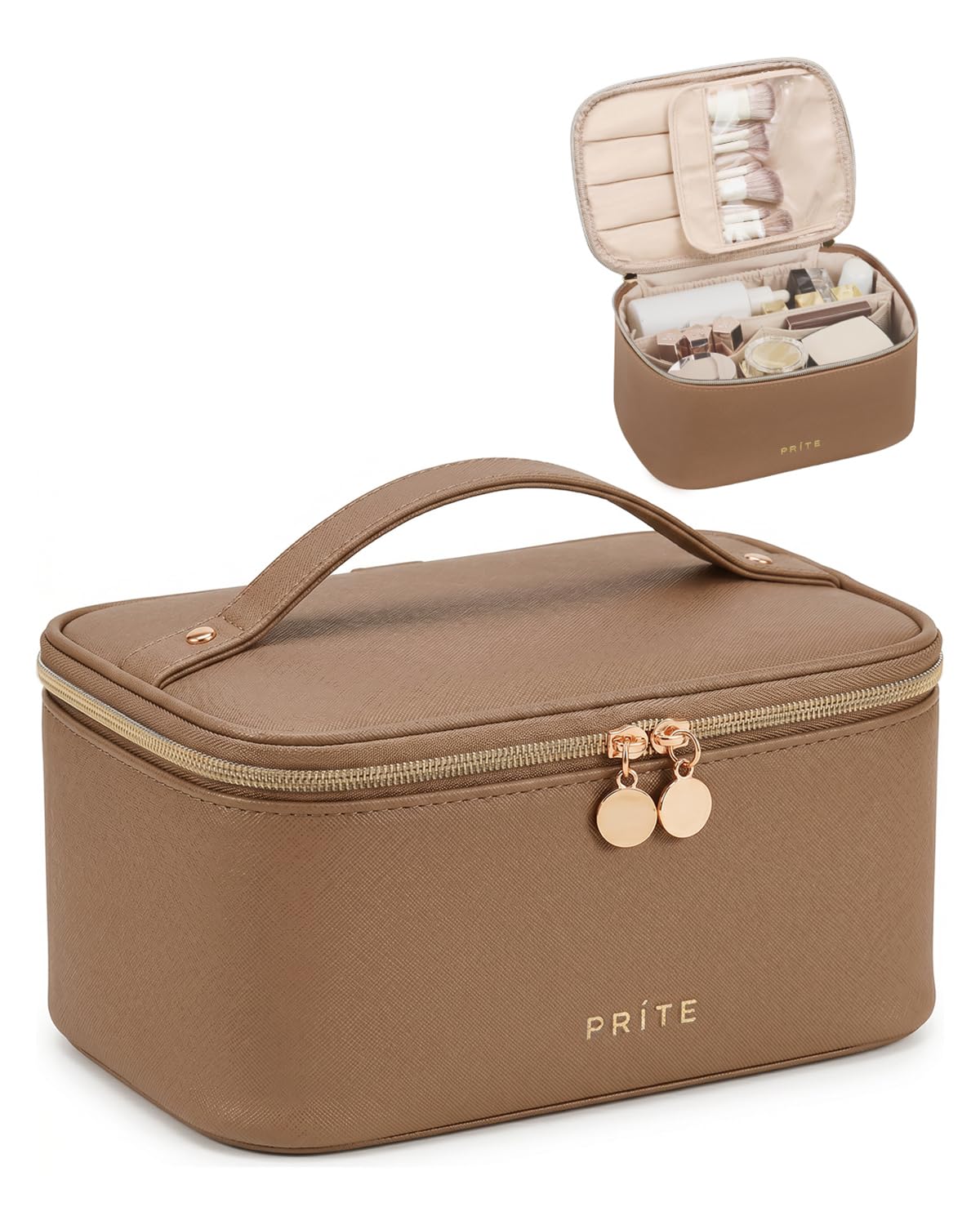 Prite Makeup Bag, Large Capacity Portable Travel Cosmetic Bag, Waterproof Makeup Organizer for Women with Handle and Divider(Green) - pokemaPrite Makeup Bag, Large Capacity Portable Travel Cosmetic Bag, Waterproof Makeup Organizer for Women with Handle and Divider(Green)