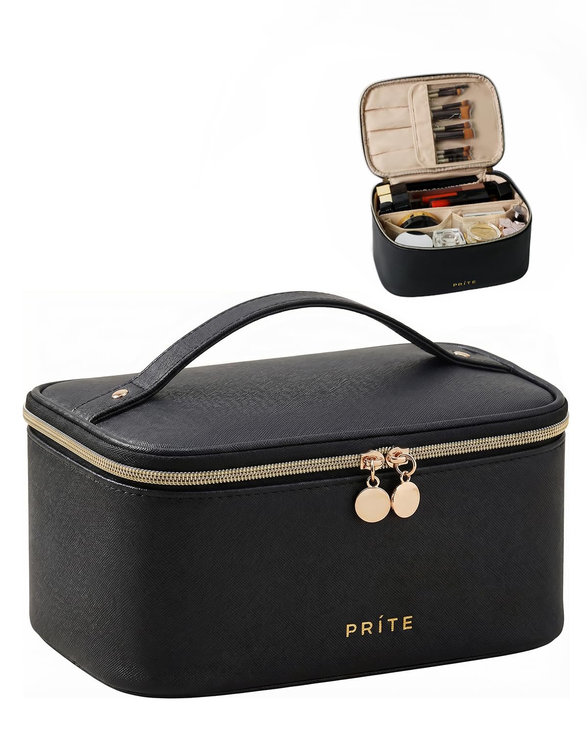 Prite Makeup Bag, Large Capacity Portable Travel Cosmetic Bag, Waterproof Makeup Organizer for Women with Handle and Divider(Green) - pokemaPrite Makeup Bag, Large Capacity Portable Travel Cosmetic Bag, Waterproof Makeup Organizer for Women with Handle and Divider(Green)