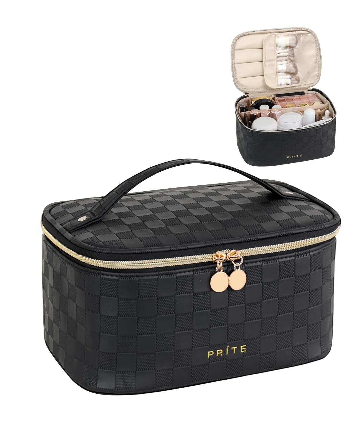 Prite Makeup Bag, Large Capacity Portable Travel Cosmetic Bag, Waterproof Makeup Organizer for Women with Handle and Divider(Green) - pokemaPrite Makeup Bag, Large Capacity Portable Travel Cosmetic Bag, Waterproof Makeup Organizer for Women with Handle and Divider(Green)