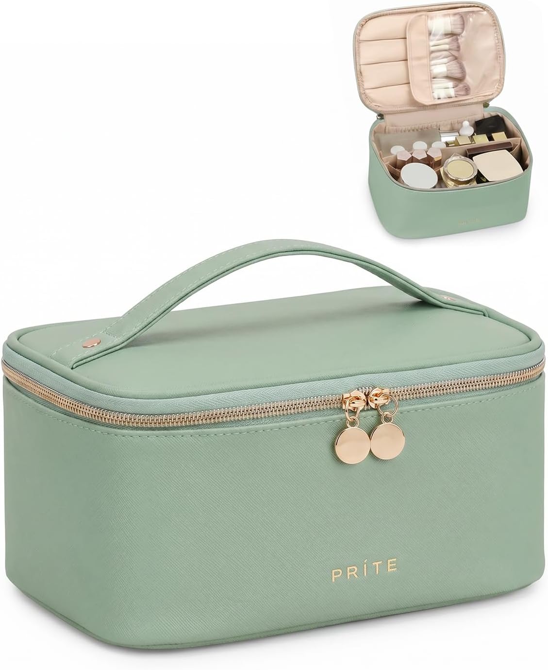 Prite Makeup Bag, Large Capacity Portable Travel Cosmetic Bag, Waterproof Makeup Organizer for Women with Handle and Divider(Green) - pokemaPrite Makeup Bag, Large Capacity Portable Travel Cosmetic Bag, Waterproof Makeup Organizer for Women with Handle and Divider(Green)