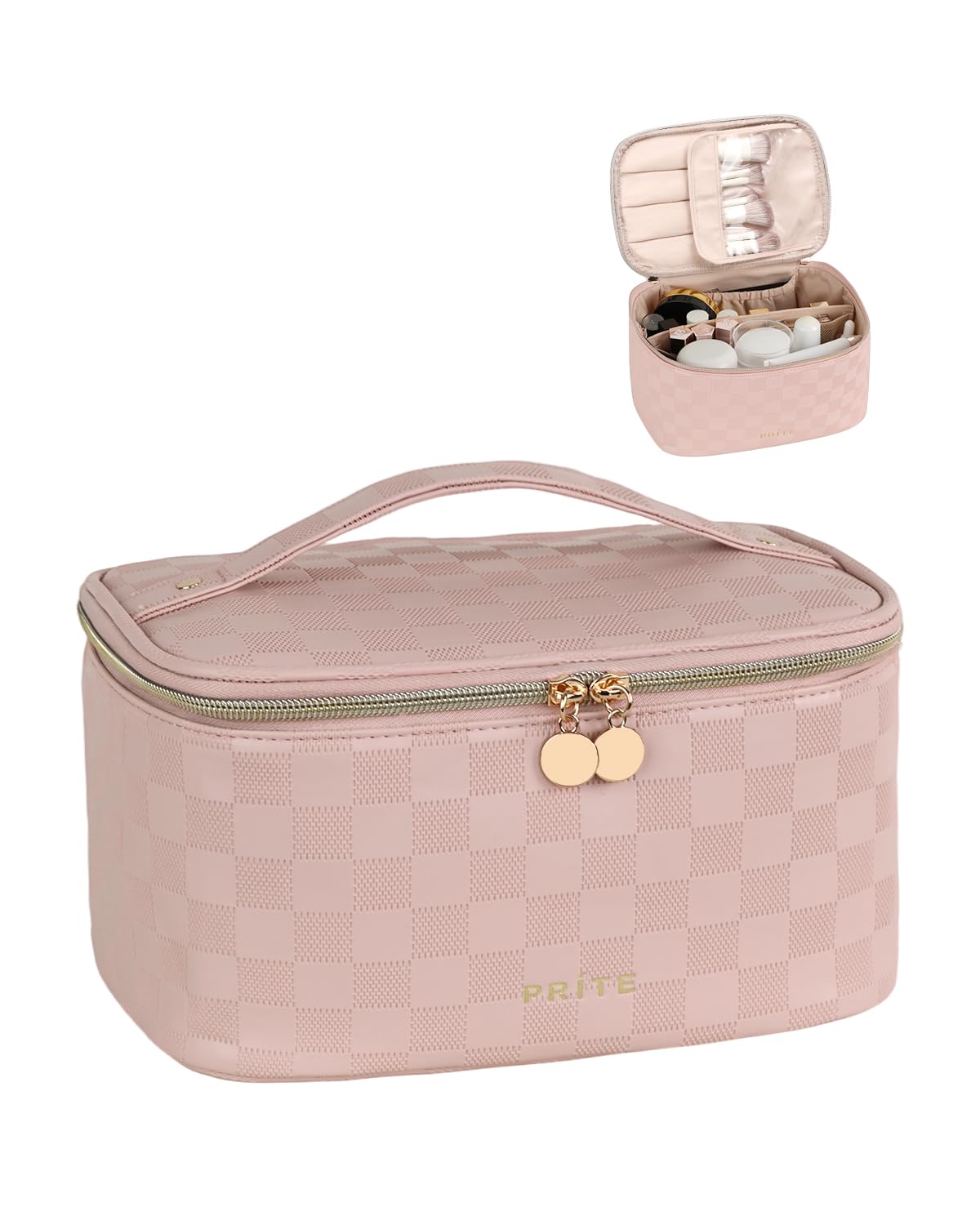 Prite Makeup Bag, Large Capacity Portable Travel Cosmetic Bag, Waterproof Makeup Organizer for Women with Handle and Divider(Green) - pokemaPrite Makeup Bag, Large Capacity Portable Travel Cosmetic Bag, Waterproof Makeup Organizer for Women with Handle and Divider(Green)
