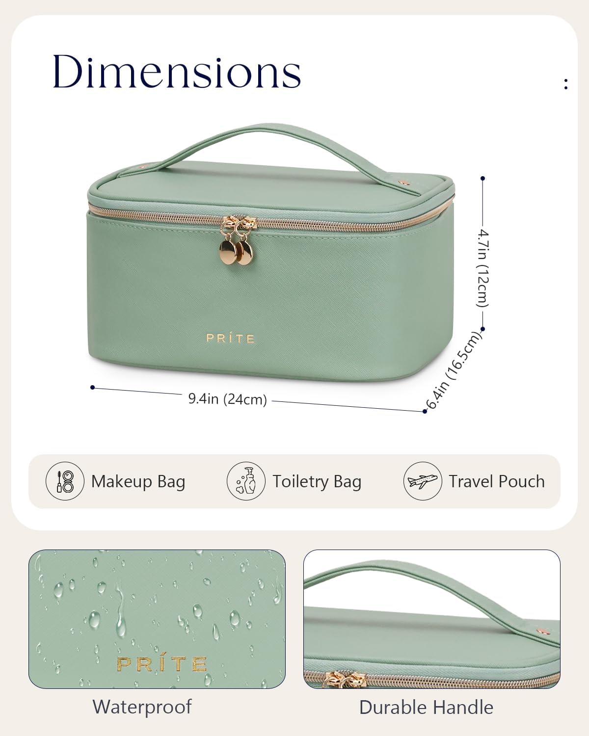 Prite Makeup Bag, Large Capacity Portable Travel Cosmetic Bag, Waterproof Makeup Organizer for Women with Handle and Divider(Green) - pokemaPrite Makeup Bag, Large Capacity Portable Travel Cosmetic Bag, Waterproof Makeup Organizer for Women with Handle and Divider(Green)
