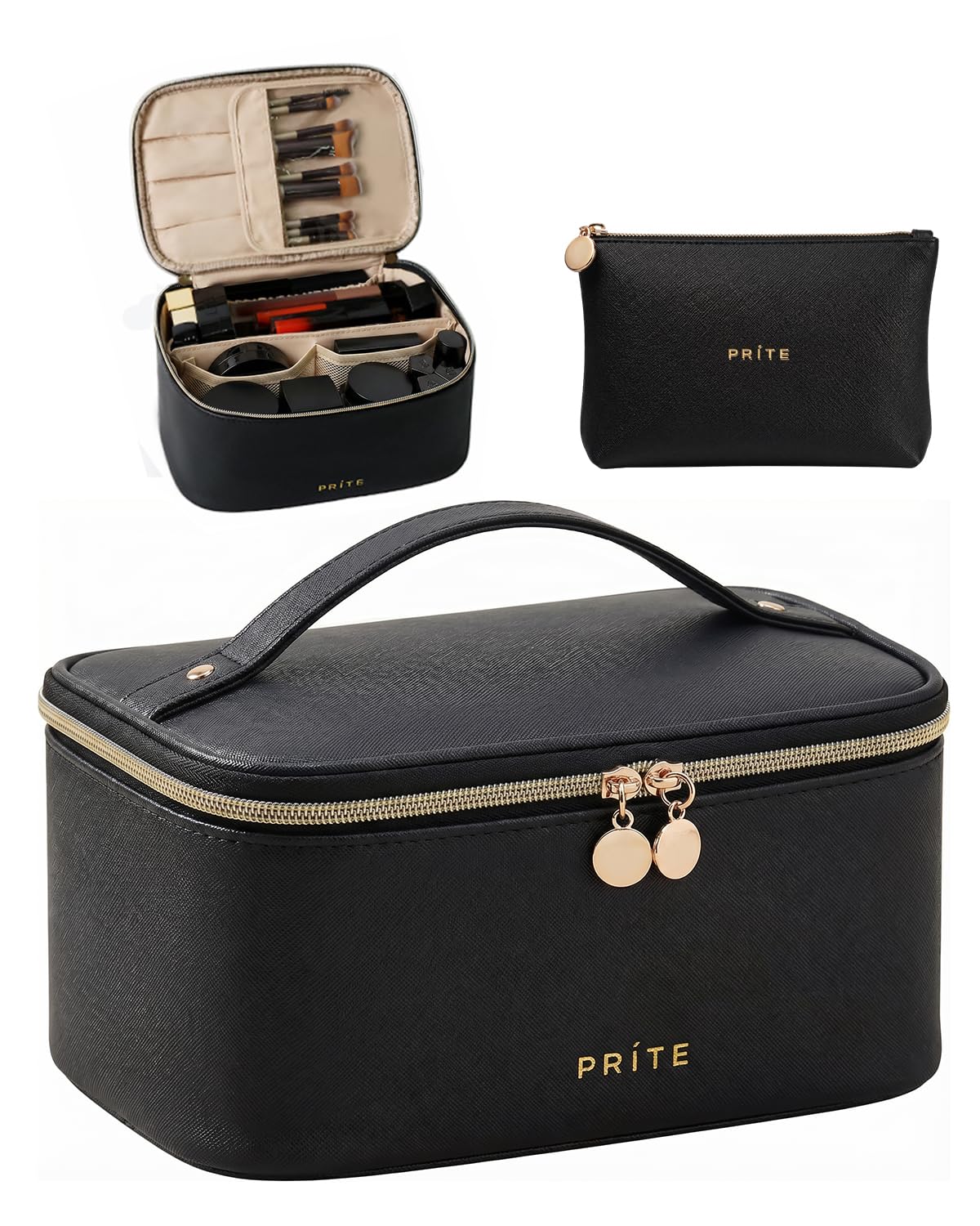 Prite Makeup Bag, Large Capacity Portable Travel Cosmetic Bag, Waterproof Makeup Organizer for Women with Handle and Divider(Green) - pokemaPrite Makeup Bag, Large Capacity Portable Travel Cosmetic Bag, Waterproof Makeup Organizer for Women with Handle and Divider(Green)