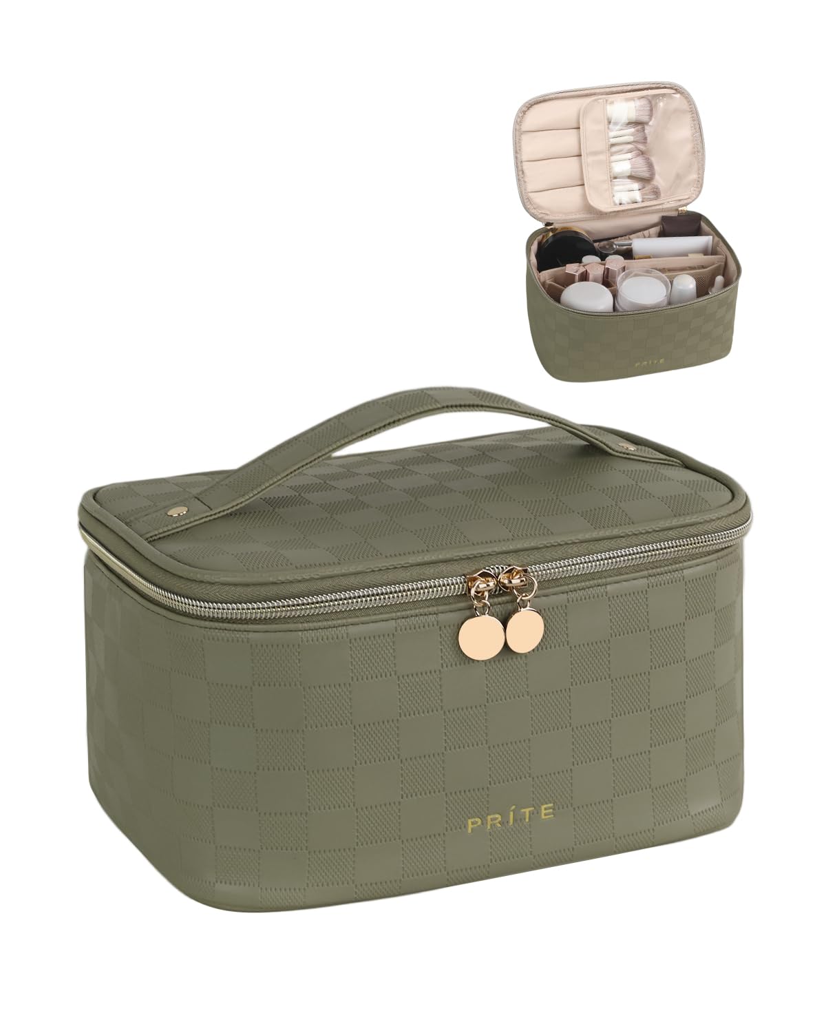 Prite Makeup Bag, Large Capacity Portable Travel Cosmetic Bag, Waterproof Makeup Organizer for Women with Handle and Divider(Green) - pokemaPrite Makeup Bag, Large Capacity Portable Travel Cosmetic Bag, Waterproof Makeup Organizer for Women with Handle and Divider(Green)