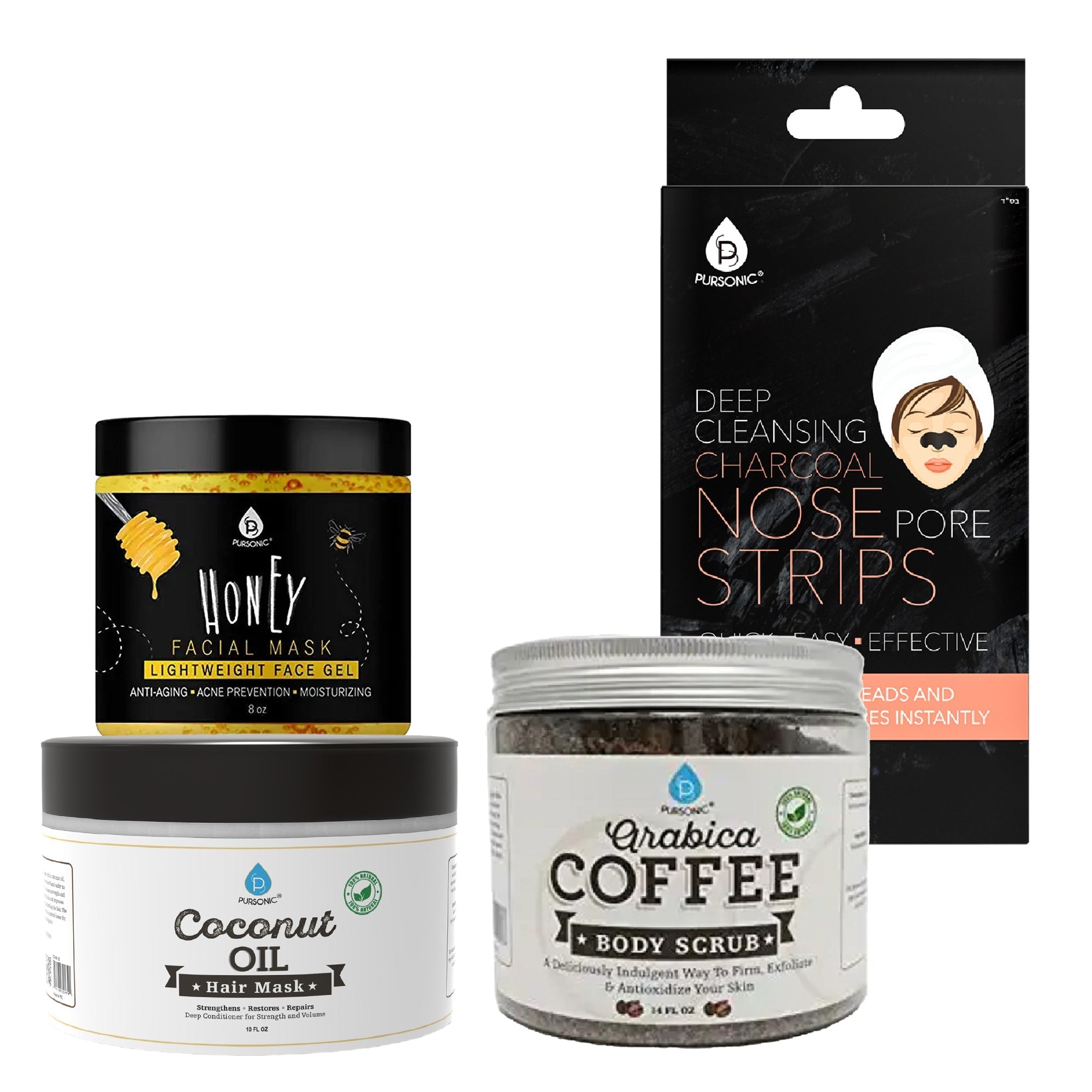 Pursonic Pamper & Glow Gift Bundle (6 pack Deep Cleansing Charcoal Nose Pore Strip, 100% Natural Arabica Coffee Body Scrub 14 Oz, 100% Natural Coconut Oil Hair Mask 10 Oz and Honey Facial Mask 8 Oz) - pokemaPursonic Pamper & Glow Gift Bundle (6 pack Deep Cleansing Charcoal Nose Pore Strip, 100% Natural Arabica Coffee Body Scrub 14 Oz, 100% Natural Coconut Oil Hair Mask 10 Oz and Honey Facial Mask 8 Oz)