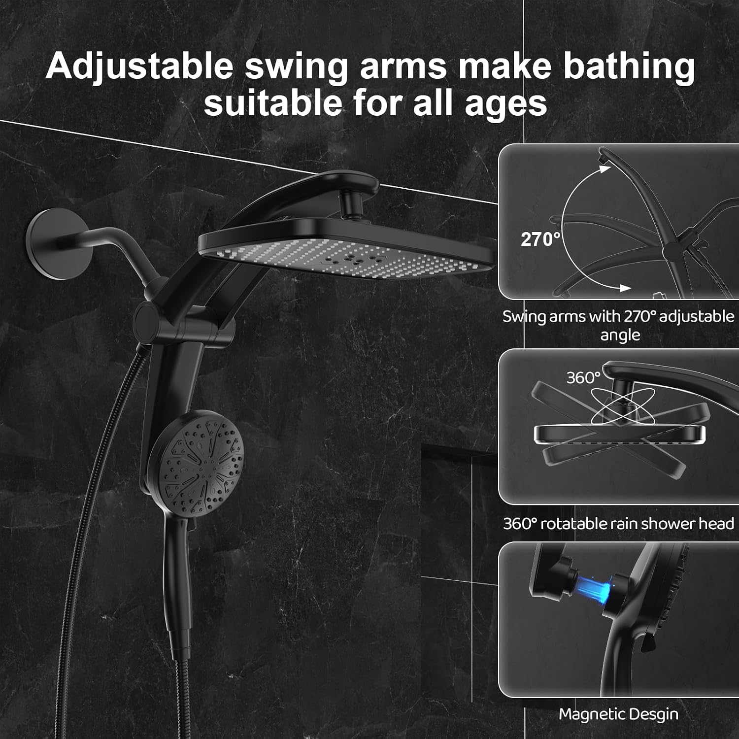 Rain Shower Head, Dual Shower Heads, Adjustable Integrated Bracket with Built-in Magnetic Base and Powerful Water Spray, with Handheld high-Pressure Spray Combination (Black). - pokemaRain Shower Head, Dual Shower Heads, Adjustable Integrated Bracket with Built-in Magnetic Base and Powerful Water Spray, with Handheld high-Pressure Spray Combination (Black).