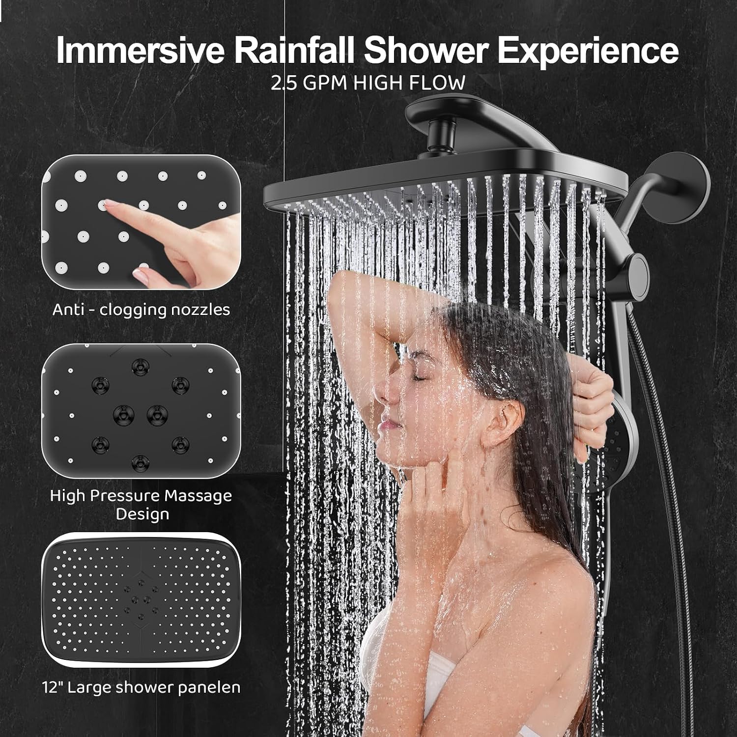 Rain Shower Head, Dual Shower Heads, Adjustable Integrated Bracket with Built-in Magnetic Base and Powerful Water Spray, with Handheld high-Pressure Spray Combination (Black). - pokemaRain Shower Head, Dual Shower Heads, Adjustable Integrated Bracket with Built-in Magnetic Base and Powerful Water Spray, with Handheld high-Pressure Spray Combination (Black).