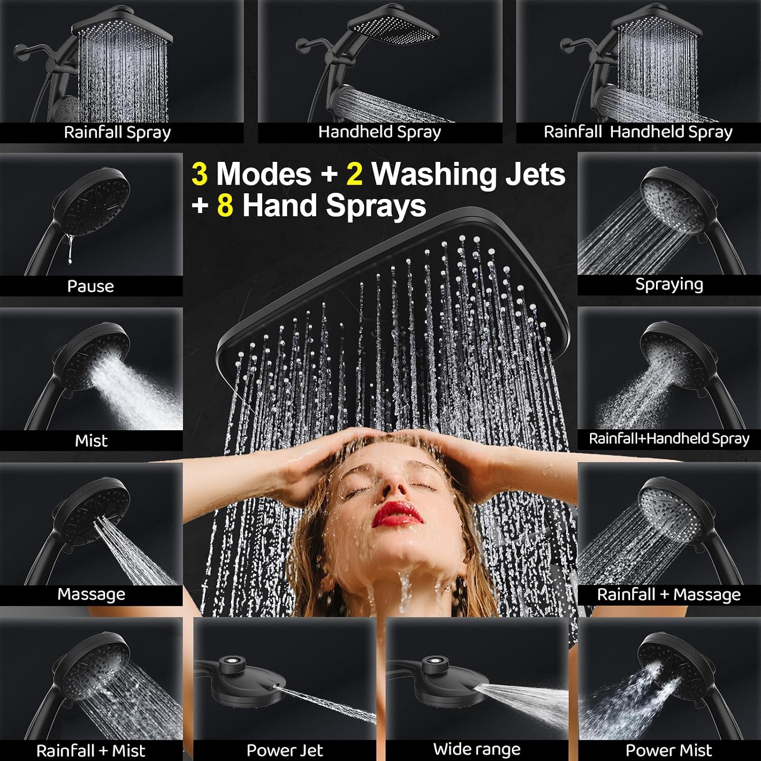Rain Shower Head, Dual Shower Heads, Adjustable Integrated Bracket with Built-in Magnetic Base and Powerful Water Spray, with Handheld high-Pressure Spray Combination (Black). - pokemaRain Shower Head, Dual Shower Heads, Adjustable Integrated Bracket with Built-in Magnetic Base and Powerful Water Spray, with Handheld high-Pressure Spray Combination (Black).