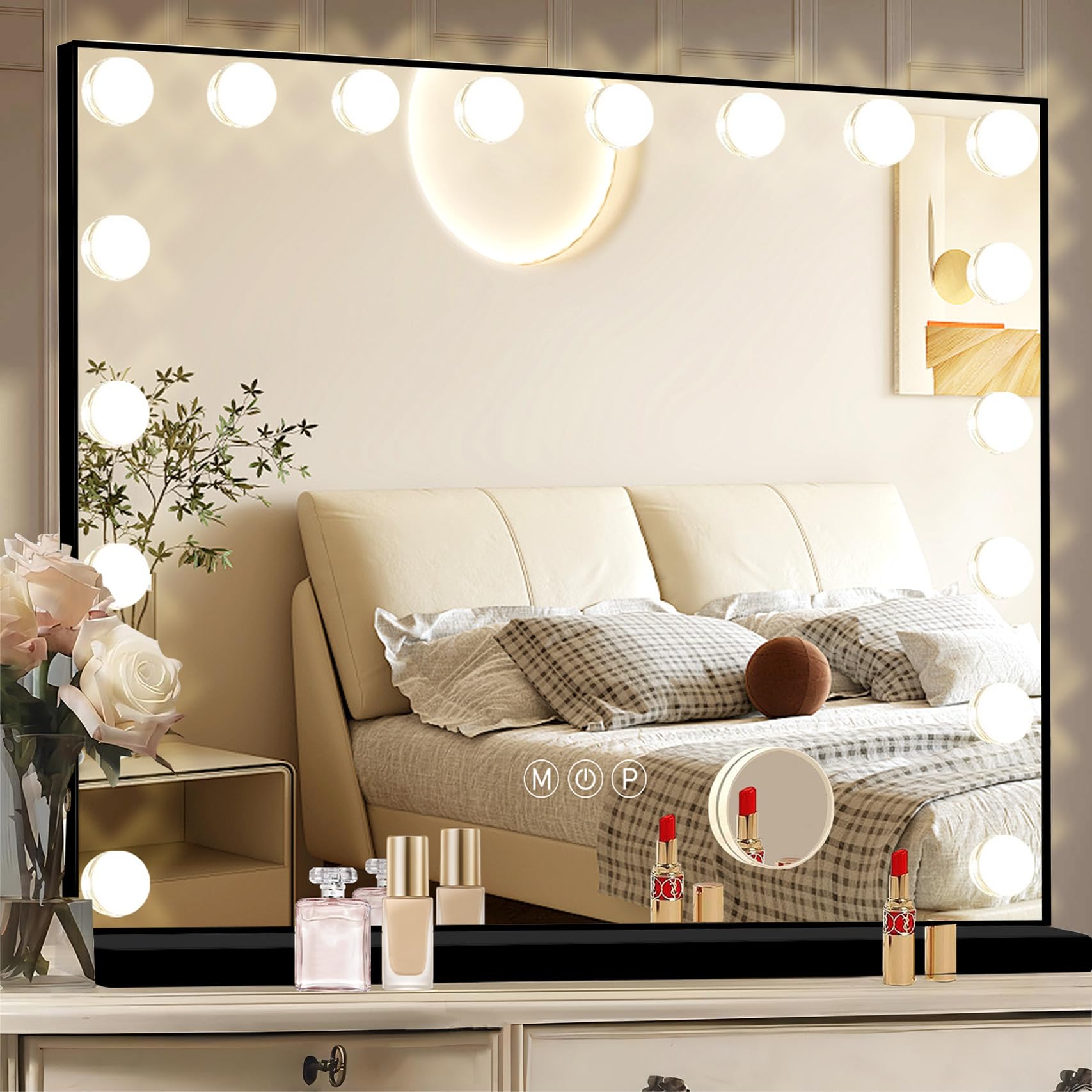 Ratsamee Hollywood Vanity Mirror with Lights –23×18 Inch Light Up Makeup Mirror with 15 Dimmable LED Bulbs, Touchscreen Control, USB Charging Port for Bedroom, Dressing Table - pokemaRatsamee Hollywood Vanity Mirror with Lights –23×18 Inch Light Up Makeup Mirror with 15 Dimmable LED Bulbs, Touchscreen Control, USB Charging Port for Bedroom, Dressing Table