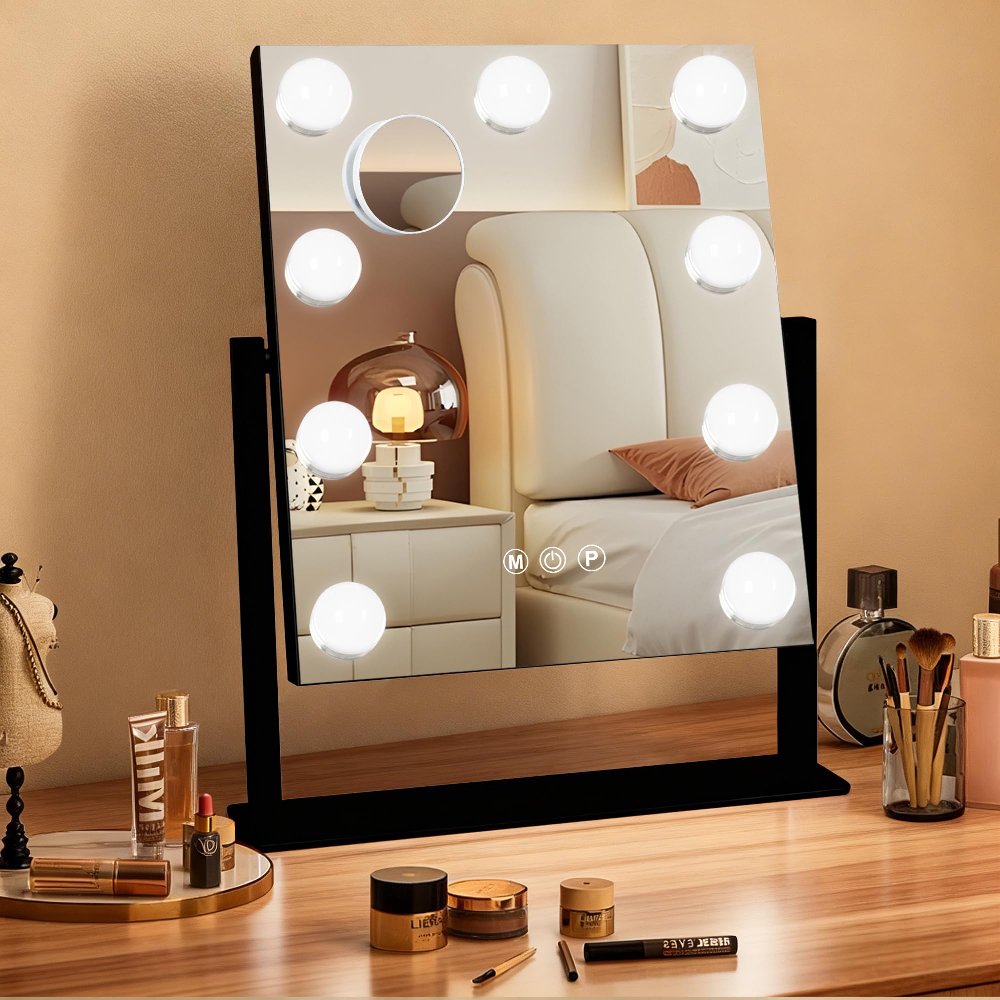 Ratsamee Hollywood Vanity Mirror with Lights –23×18 Inch Light Up Makeup Mirror with 15 Dimmable LED Bulbs, Touchscreen Control, USB Charging Port for Bedroom, Dressing Table - pokemaRatsamee Hollywood Vanity Mirror with Lights –23×18 Inch Light Up Makeup Mirror with 15 Dimmable LED Bulbs, Touchscreen Control, USB Charging Port for Bedroom, Dressing Table
