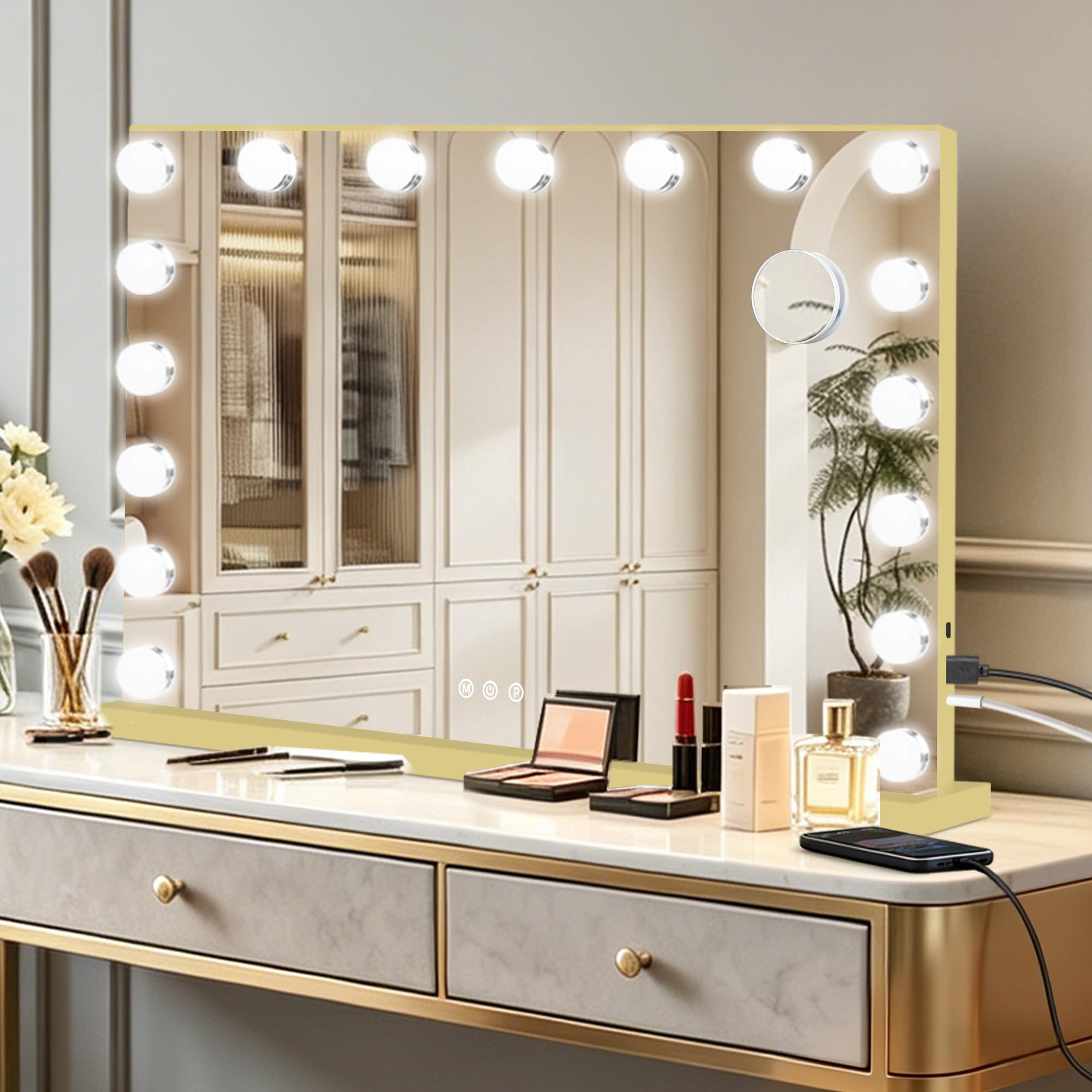 Ratsamee Hollywood Vanity Mirror with Lights –23×18 Inch Light Up Makeup Mirror with 15 Dimmable LED Bulbs, Touchscreen Control, USB Charging Port for Bedroom, Dressing Table - pokemaRatsamee Hollywood Vanity Mirror with Lights –23×18 Inch Light Up Makeup Mirror with 15 Dimmable LED Bulbs, Touchscreen Control, USB Charging Port for Bedroom, Dressing Table