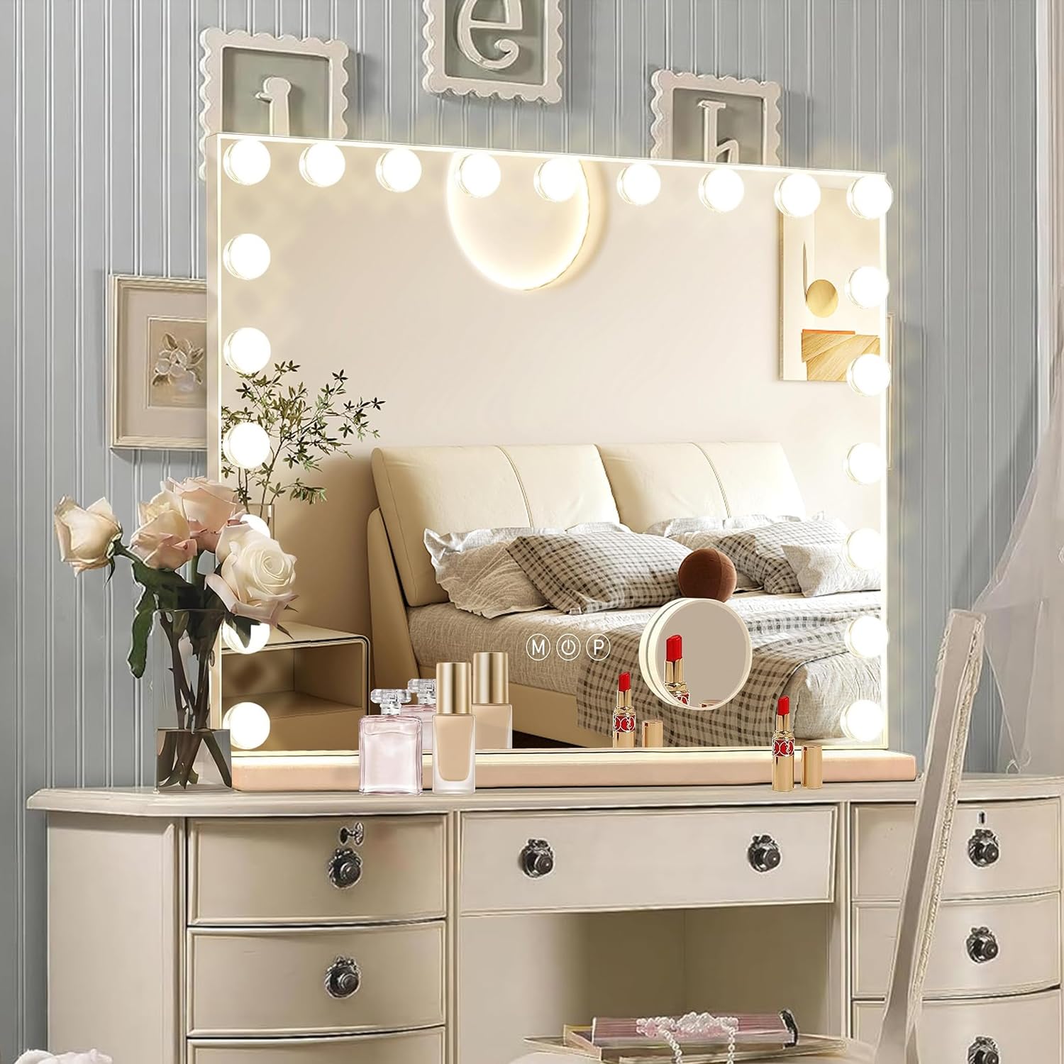 Ratsamee Hollywood Vanity Mirror with Lights –23×18 Inch Light Up Makeup Mirror with 15 Dimmable LED Bulbs, Touchscreen Control, USB Charging Port for Bedroom, Dressing Table - pokemaRatsamee Hollywood Vanity Mirror with Lights –23×18 Inch Light Up Makeup Mirror with 15 Dimmable LED Bulbs, Touchscreen Control, USB Charging Port for Bedroom, Dressing Table