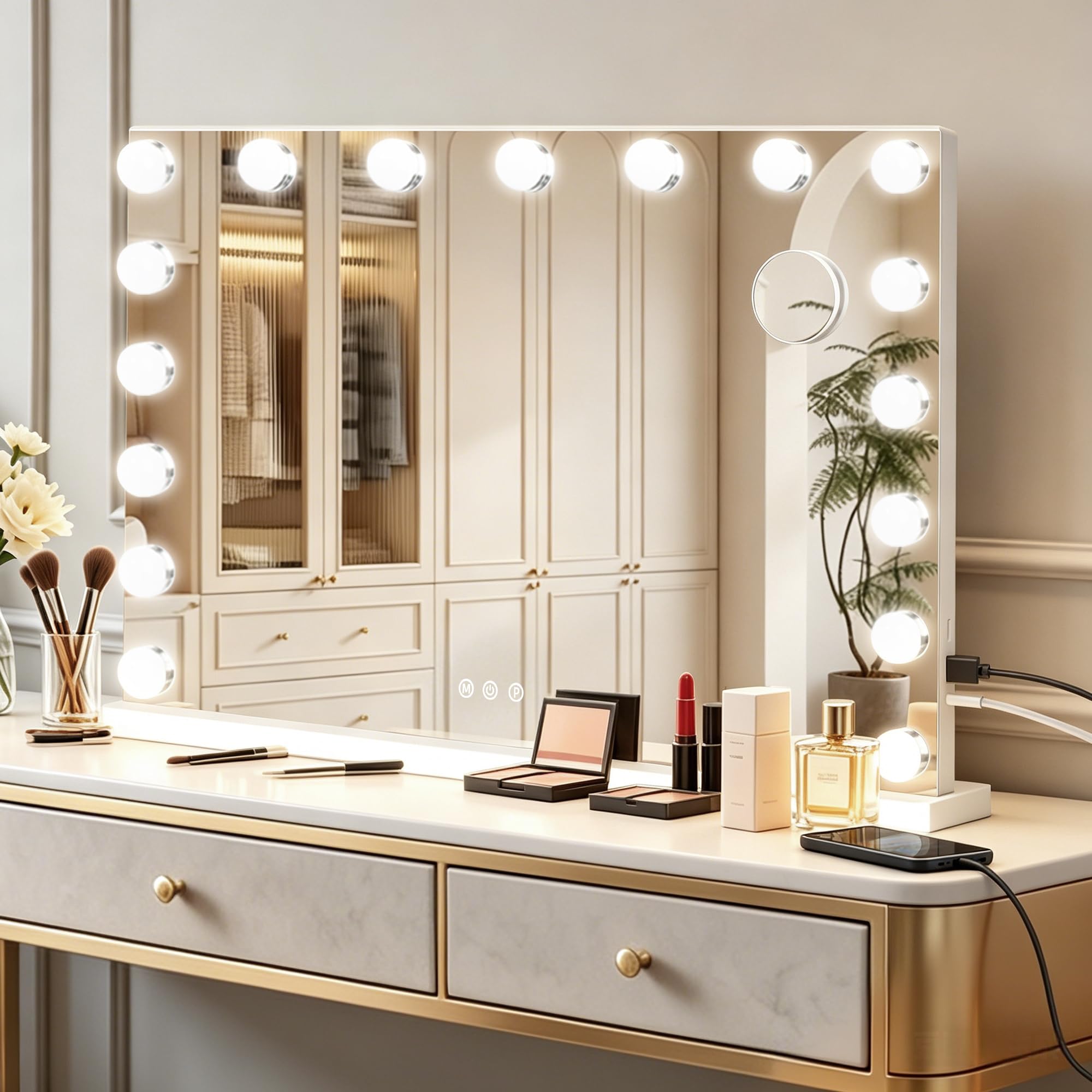 Ratsamee Hollywood Vanity Mirror with Lights –23×18 Inch Light Up Makeup Mirror with 15 Dimmable LED Bulbs, Touchscreen Control, USB Charging Port for Bedroom, Dressing Table - pokemaRatsamee Hollywood Vanity Mirror with Lights –23×18 Inch Light Up Makeup Mirror with 15 Dimmable LED Bulbs, Touchscreen Control, USB Charging Port for Bedroom, Dressing Table