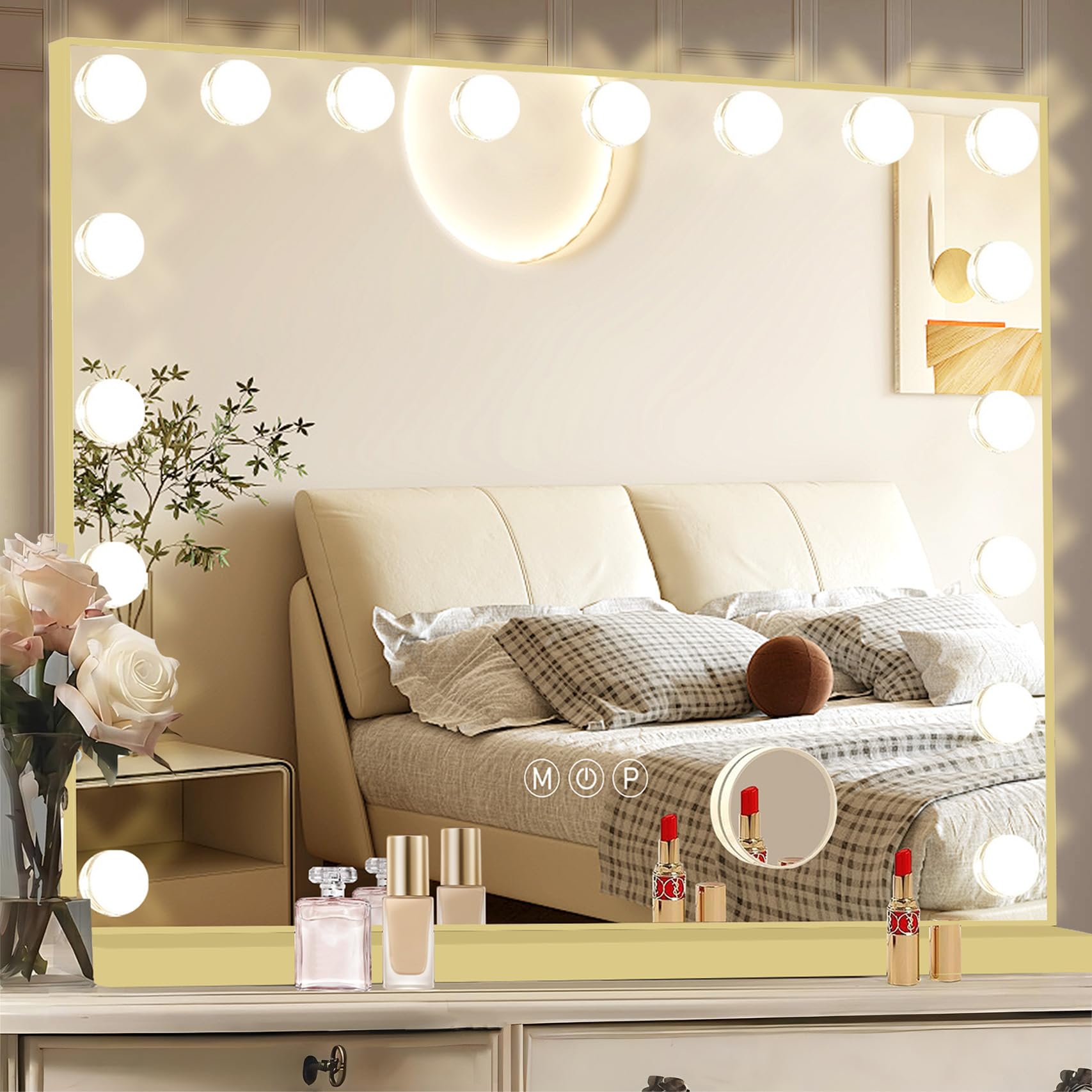 Ratsamee Hollywood Vanity Mirror with Lights –23×18 Inch Light Up Makeup Mirror with 15 Dimmable LED Bulbs, Touchscreen Control, USB Charging Port for Bedroom, Dressing Table - pokemaRatsamee Hollywood Vanity Mirror with Lights –23×18 Inch Light Up Makeup Mirror with 15 Dimmable LED Bulbs, Touchscreen Control, USB Charging Port for Bedroom, Dressing Table
