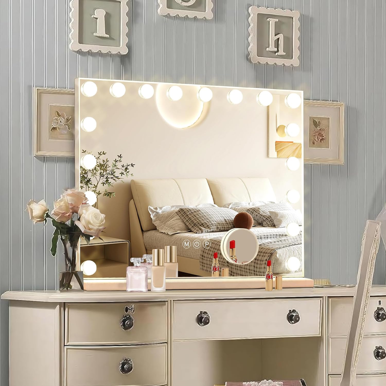 Ratsamee Hollywood Vanity Mirror with Lights –23×18 Inch Light Up Makeup Mirror with 15 Dimmable LED Bulbs, Touchscreen Control, USB Charging Port for Bedroom, Dressing Table - pokemaRatsamee Hollywood Vanity Mirror with Lights –23×18 Inch Light Up Makeup Mirror with 15 Dimmable LED Bulbs, Touchscreen Control, USB Charging Port for Bedroom, Dressing Table