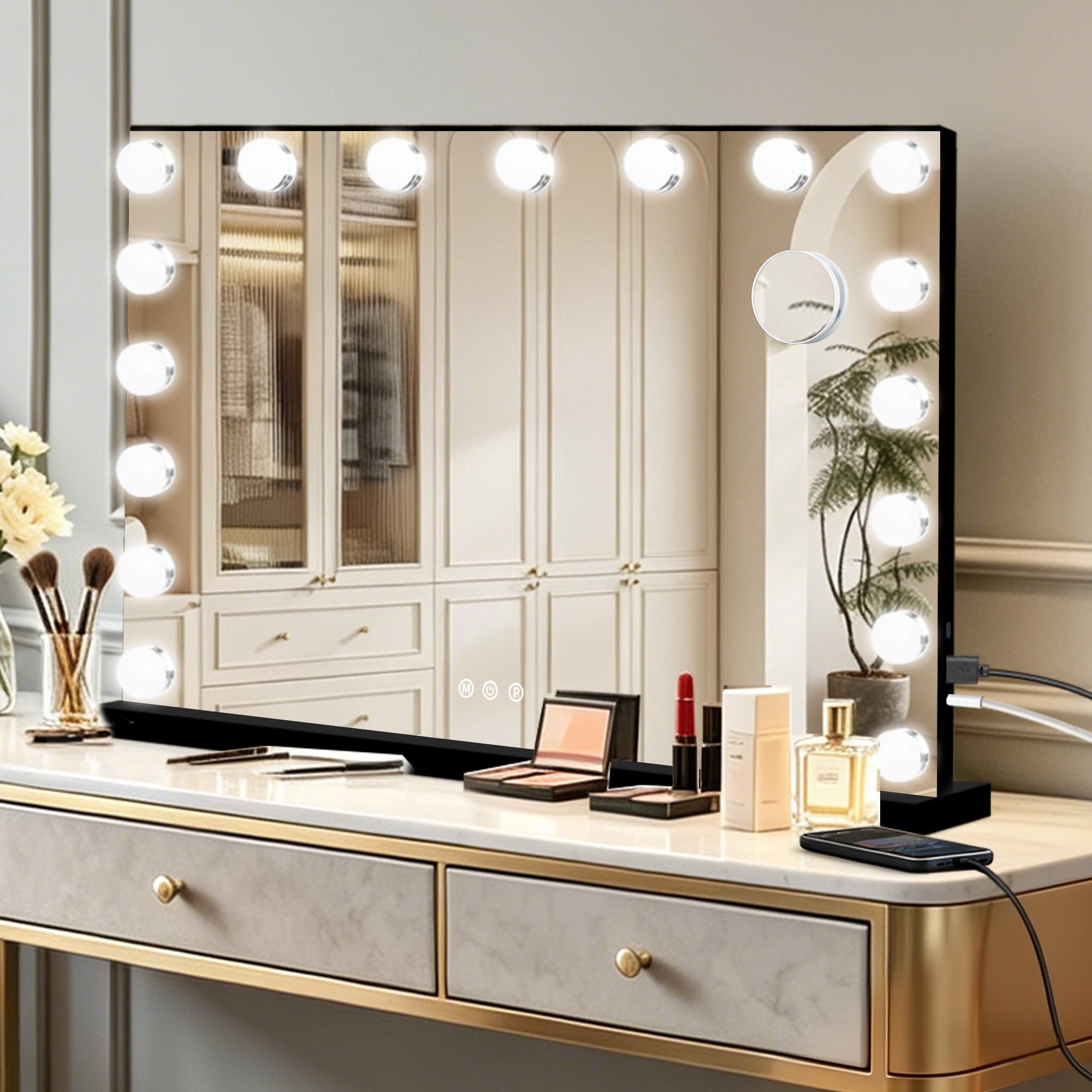 Ratsamee Hollywood Vanity Mirror with Lights –23×18 Inch Light Up Makeup Mirror with 15 Dimmable LED Bulbs, Touchscreen Control, USB Charging Port for Bedroom, Dressing Table - pokemaRatsamee Hollywood Vanity Mirror with Lights –23×18 Inch Light Up Makeup Mirror with 15 Dimmable LED Bulbs, Touchscreen Control, USB Charging Port for Bedroom, Dressing Table