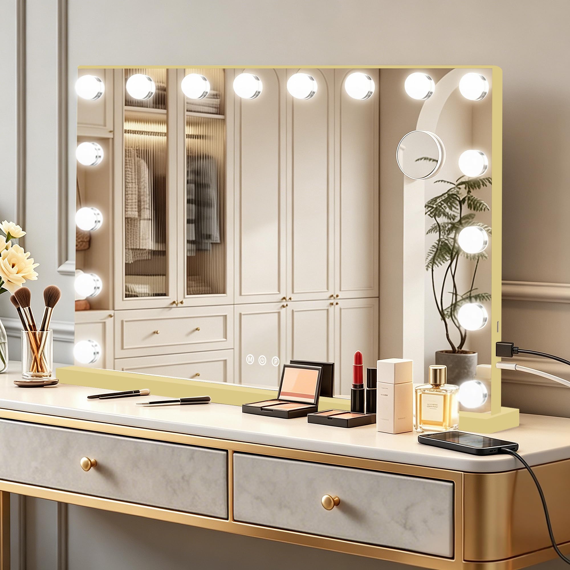 Ratsamee Hollywood Vanity Mirror with Lights –23×18 Inch Light Up Makeup Mirror with 15 Dimmable LED Bulbs, Touchscreen Control, USB Charging Port for Bedroom, Dressing Table - pokemaRatsamee Hollywood Vanity Mirror with Lights –23×18 Inch Light Up Makeup Mirror with 15 Dimmable LED Bulbs, Touchscreen Control, USB Charging Port for Bedroom, Dressing Table
