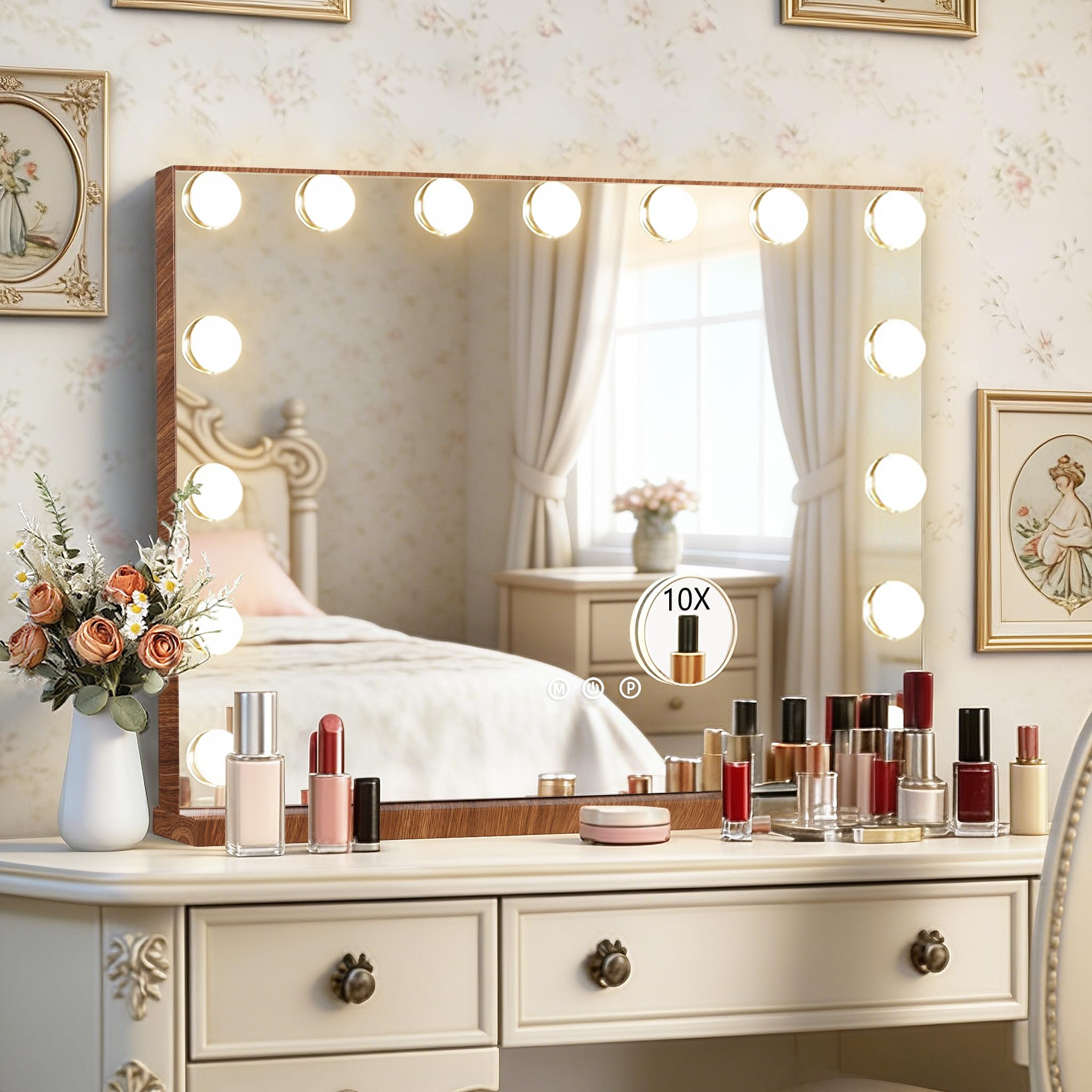 Ratsamee Hollywood Vanity Mirror with Lights –23×18 Inch Light Up Makeup Mirror with 15 Dimmable LED Bulbs, Touchscreen Control, USB Charging Port for Bedroom, Dressing Table - pokemaRatsamee Hollywood Vanity Mirror with Lights –23×18 Inch Light Up Makeup Mirror with 15 Dimmable LED Bulbs, Touchscreen Control, USB Charging Port for Bedroom, Dressing Table