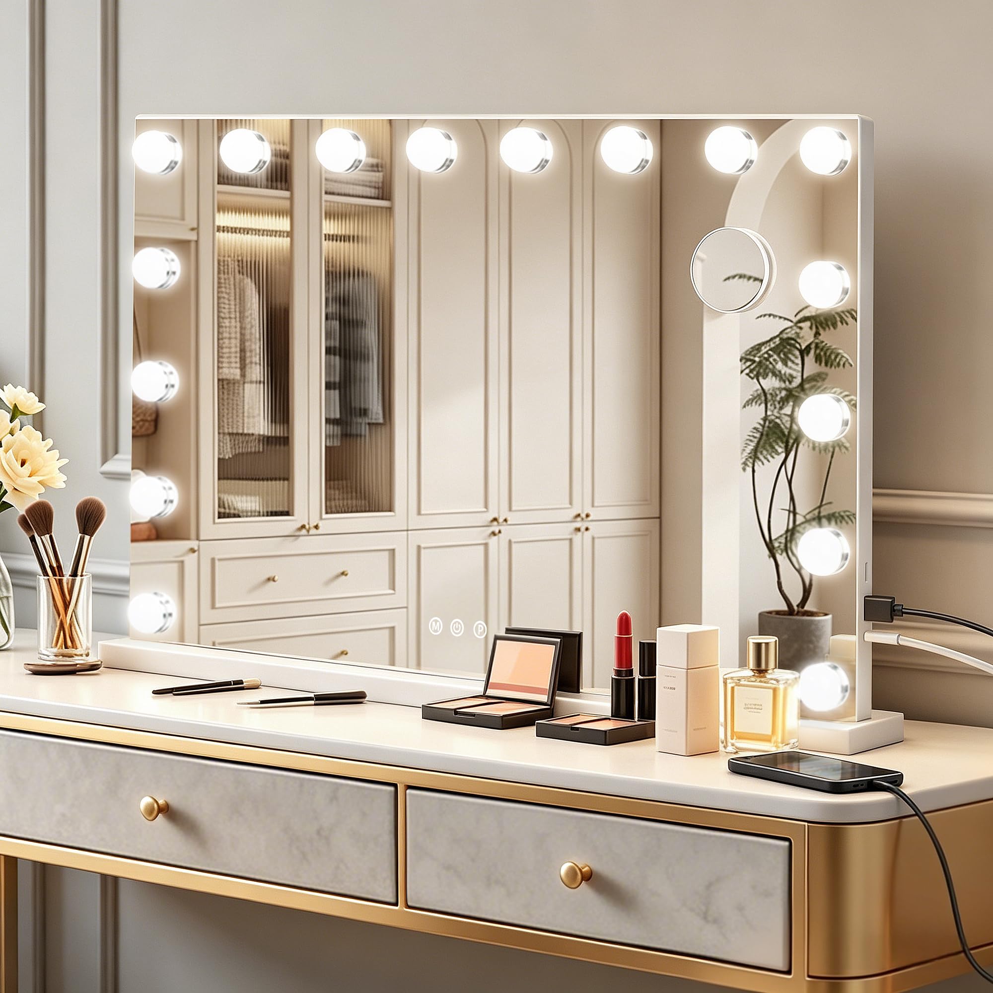 Ratsamee Hollywood Vanity Mirror with Lights –23×18 Inch Light Up Makeup Mirror with 15 Dimmable LED Bulbs, Touchscreen Control, USB Charging Port for Bedroom, Dressing Table - pokemaRatsamee Hollywood Vanity Mirror with Lights –23×18 Inch Light Up Makeup Mirror with 15 Dimmable LED Bulbs, Touchscreen Control, USB Charging Port for Bedroom, Dressing Table