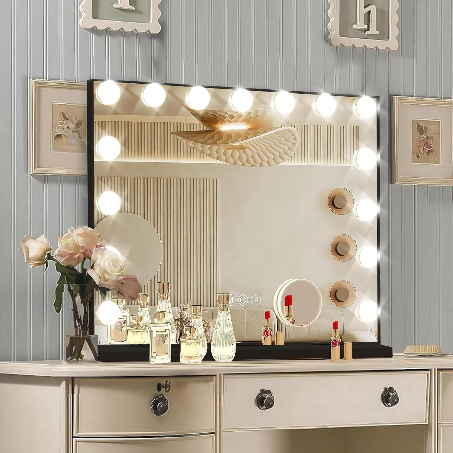Ratsamee Hollywood Vanity Mirror with Lights –23×18 Inch Light Up Makeup Mirror with 15 Dimmable LED Bulbs, Touchscreen Control, USB Charging Port for Bedroom, Dressing Table - pokemaRatsamee Hollywood Vanity Mirror with Lights –23×18 Inch Light Up Makeup Mirror with 15 Dimmable LED Bulbs, Touchscreen Control, USB Charging Port for Bedroom, Dressing Table