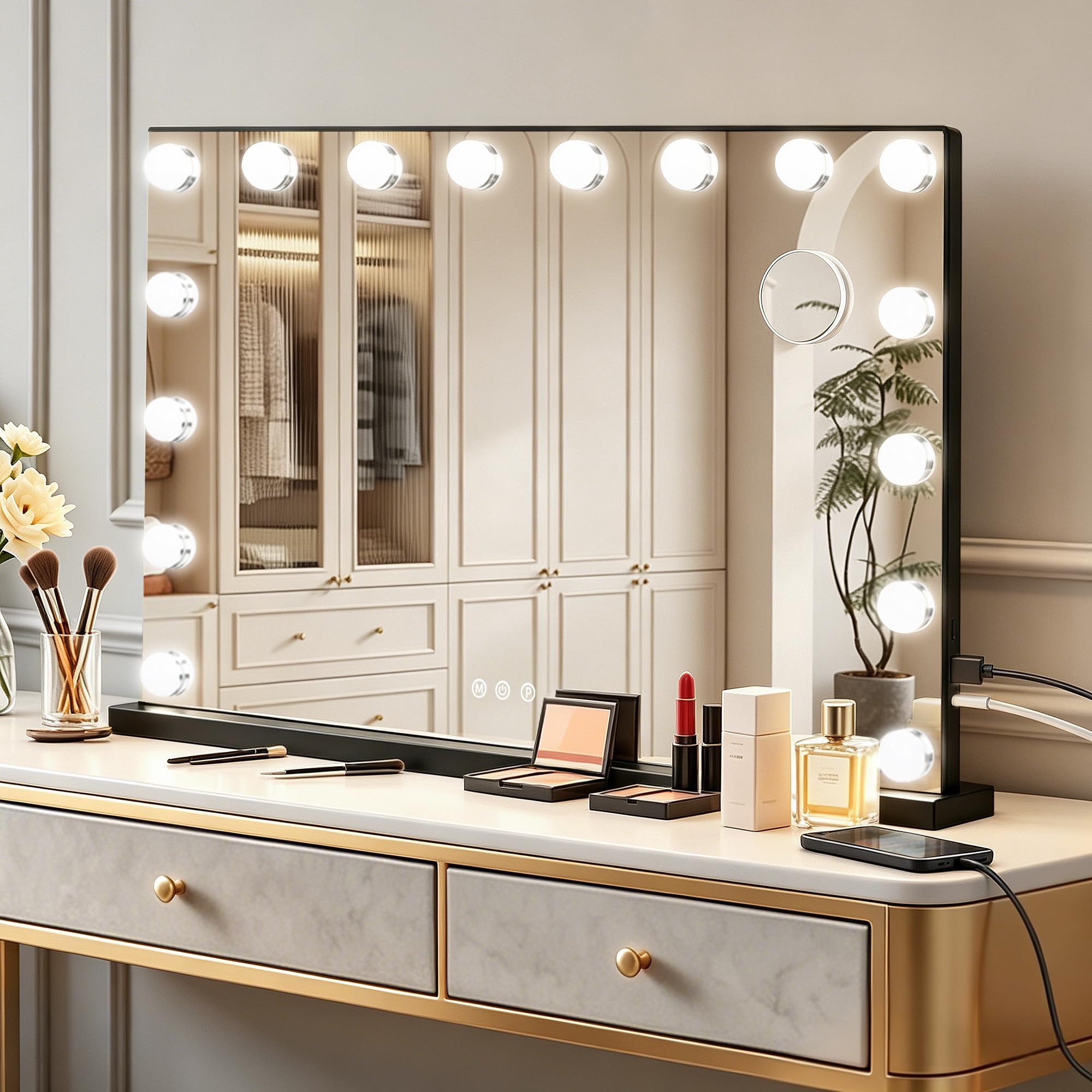 Ratsamee Hollywood Vanity Mirror with Lights –23×18 Inch Light Up Makeup Mirror with 15 Dimmable LED Bulbs, Touchscreen Control, USB Charging Port for Bedroom, Dressing Table - pokemaRatsamee Hollywood Vanity Mirror with Lights –23×18 Inch Light Up Makeup Mirror with 15 Dimmable LED Bulbs, Touchscreen Control, USB Charging Port for Bedroom, Dressing Table