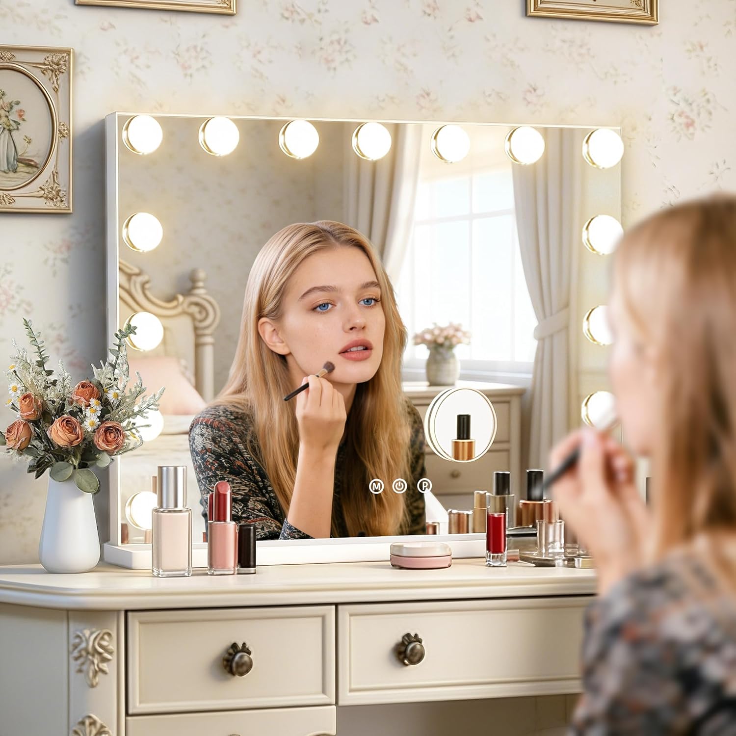 Ratsamee Hollywood Vanity Mirror with Lights –23×18 Inch Light Up Makeup Mirror with 15 Dimmable LED Bulbs, Touchscreen Control, USB Charging Port for Bedroom, Dressing Table - pokemaRatsamee Hollywood Vanity Mirror with Lights –23×18 Inch Light Up Makeup Mirror with 15 Dimmable LED Bulbs, Touchscreen Control, USB Charging Port for Bedroom, Dressing Table