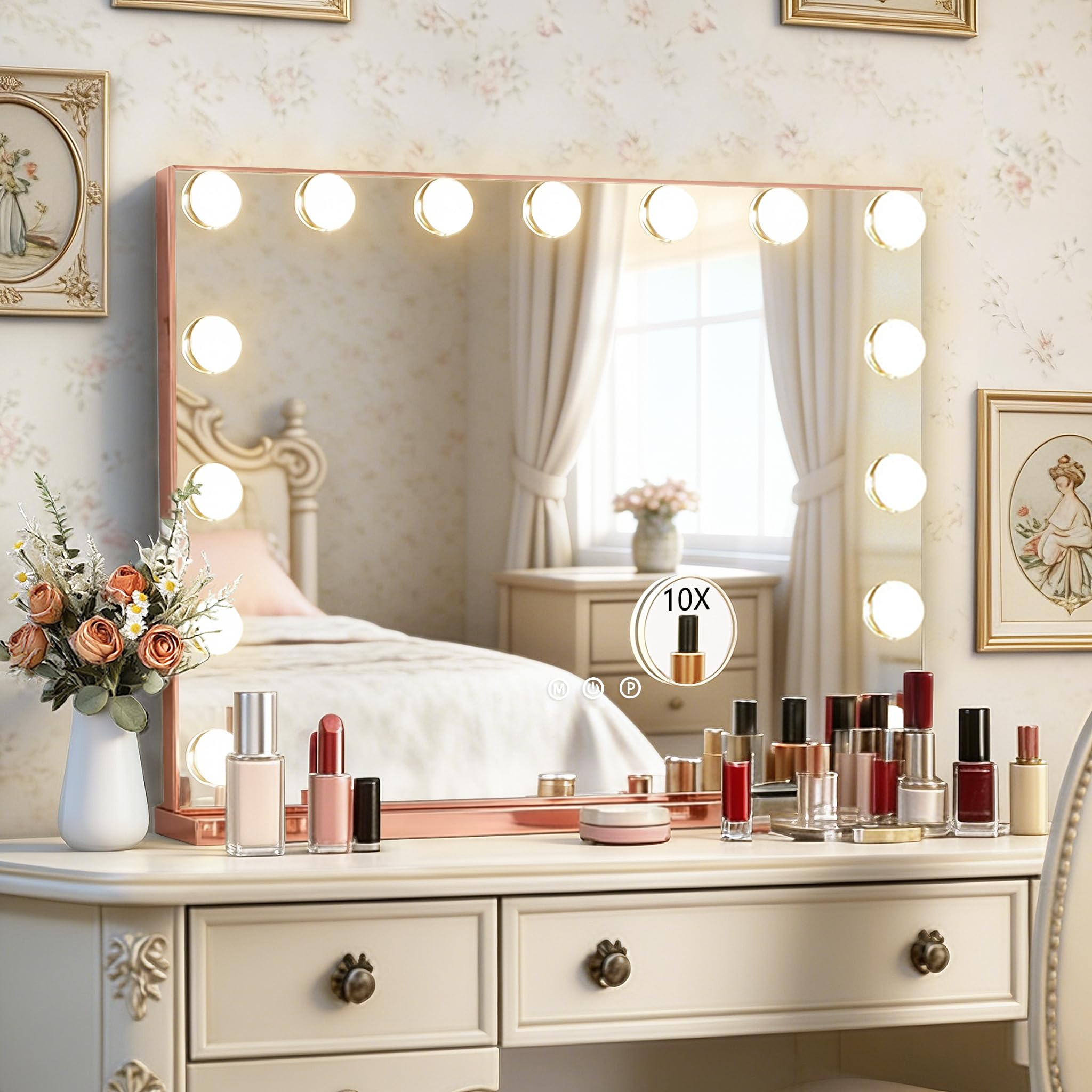 Ratsamee Hollywood Vanity Mirror with Lights –23×18 Inch Light Up Makeup Mirror with 15 Dimmable LED Bulbs, Touchscreen Control, USB Charging Port for Bedroom, Dressing Table - pokemaRatsamee Hollywood Vanity Mirror with Lights –23×18 Inch Light Up Makeup Mirror with 15 Dimmable LED Bulbs, Touchscreen Control, USB Charging Port for Bedroom, Dressing Table