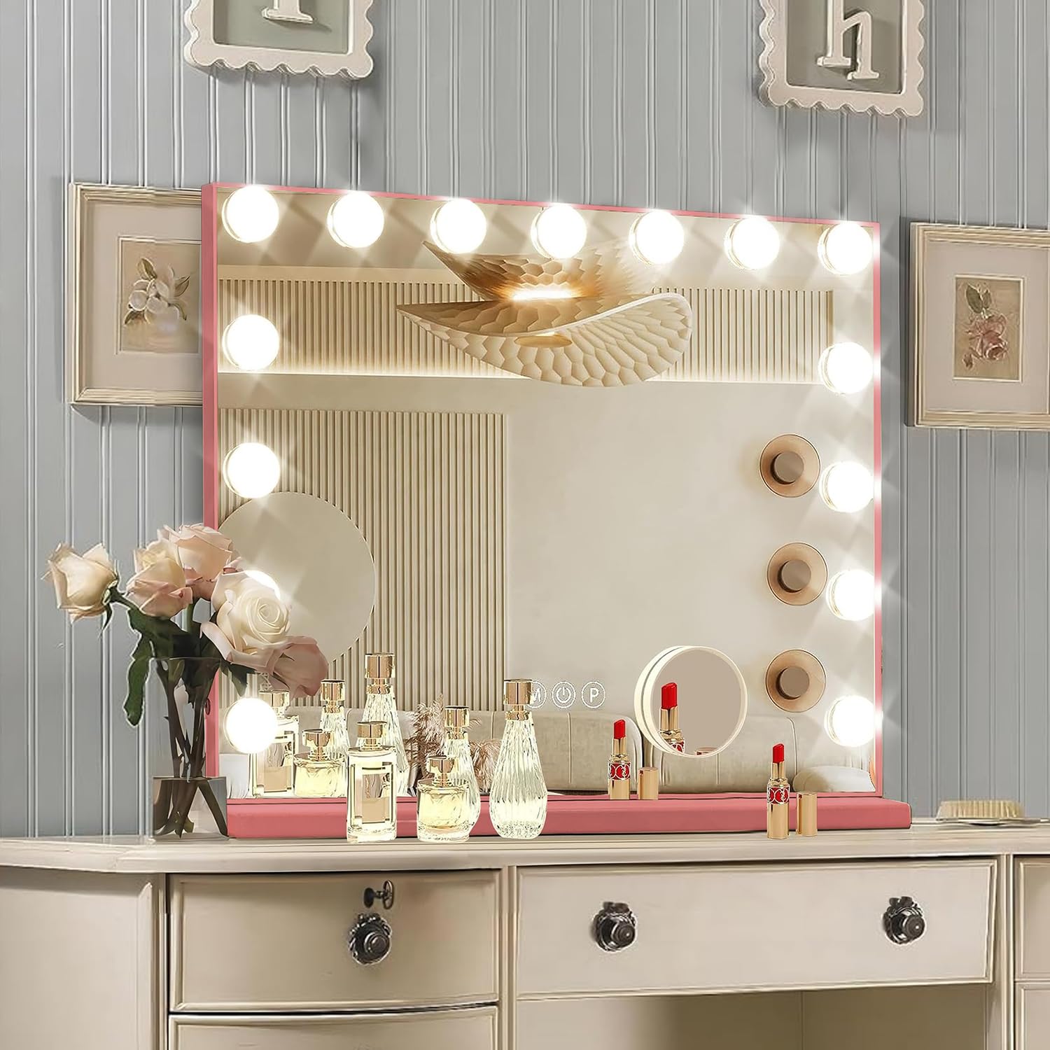 Ratsamee Hollywood Vanity Mirror with Lights –23×18 Inch Light Up Makeup Mirror with 15 Dimmable LED Bulbs, Touchscreen Control, USB Charging Port for Bedroom, Dressing Table - pokemaRatsamee Hollywood Vanity Mirror with Lights –23×18 Inch Light Up Makeup Mirror with 15 Dimmable LED Bulbs, Touchscreen Control, USB Charging Port for Bedroom, Dressing Table