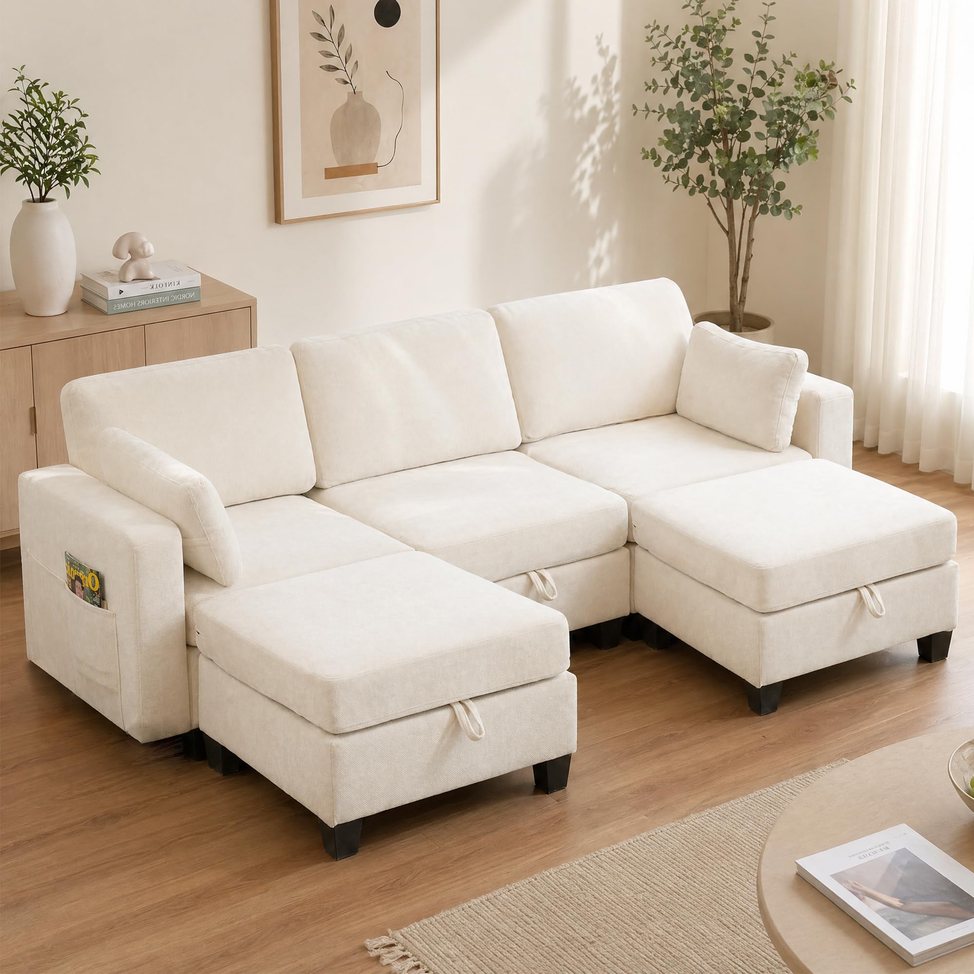 Real Relax 99.6'' Oversized Sectional Sofa, Modular 3 Seater L Shaped Comfy Cloud Couch with Storage Movable Ottoman and Thick Cushion for Apartment Living Room Bedroom, Beige, Chenille - pokemaReal Relax 99.6'' Oversized Sectional Sofa, Modular 3 Seater L Shaped Comfy Cloud Couch with Storage Movable Ottoman and Thick Cushion for Apartment Living Room Bedroom, Beige, Chenille