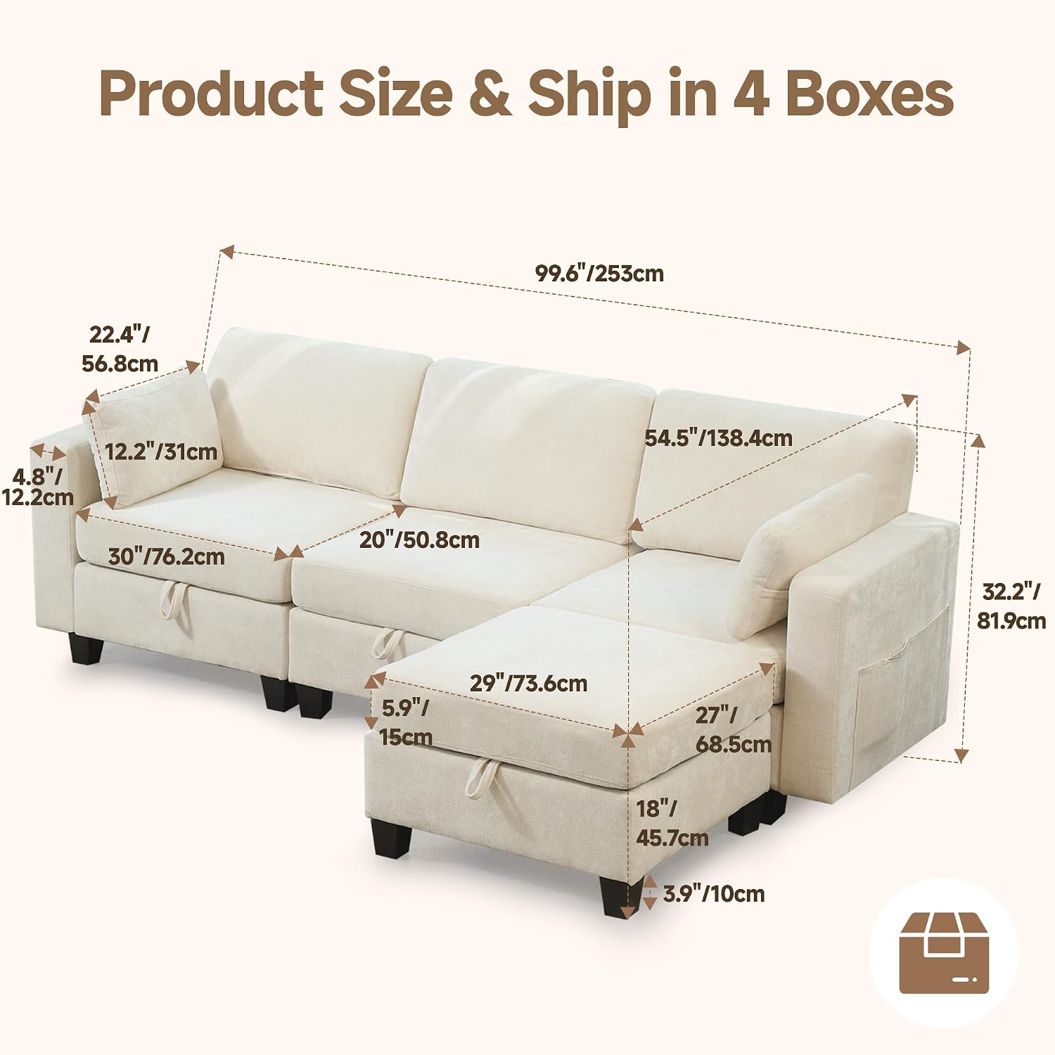Real Relax 99.6'' Oversized Sectional Sofa, Modular 3 Seater L Shaped Comfy Cloud Couch with Storage Movable Ottoman and Thick Cushion for Apartment Living Room Bedroom, Beige, Chenille - pokemaReal Relax 99.6'' Oversized Sectional Sofa, Modular 3 Seater L Shaped Comfy Cloud Couch with Storage Movable Ottoman and Thick Cushion for Apartment Living Room Bedroom, Beige, Chenille