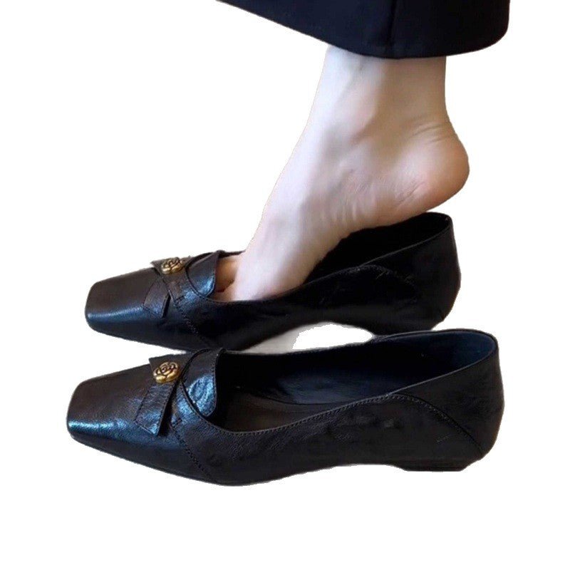 Retro Camellia-patterned Low-heeled Peep-toe Shoes With A Bow Detail - pokema6667631b89c2b38764d5ced12dca0aba