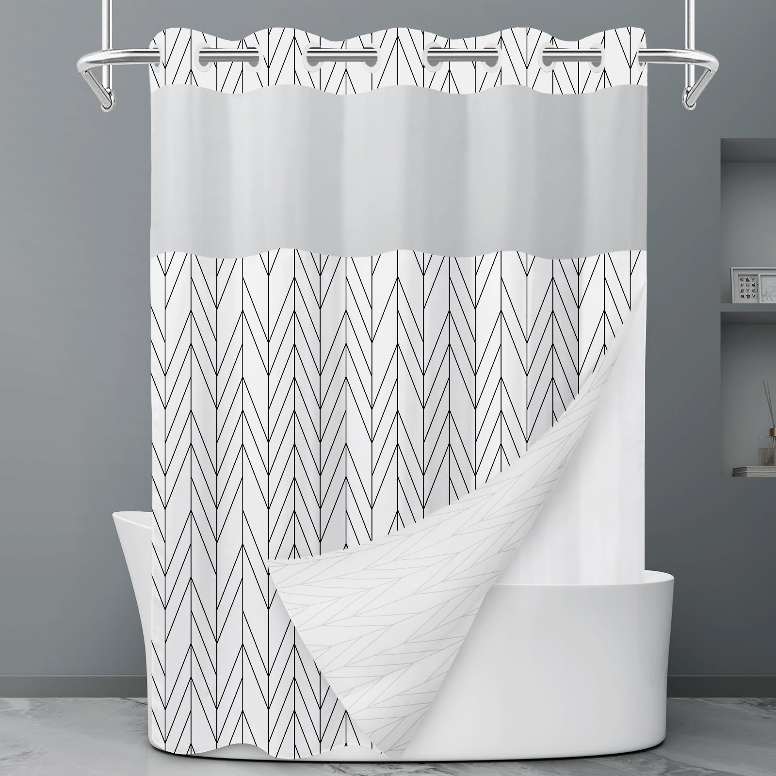 Rideau de douche à rayures grises et blanches sans crochet avec doublure à clipser – Rideau de douche d'hôtel pour salle de bain, imperméable et lavable en machine, 180 x 188 cm - pokemaRideau de douche à rayures grises et blanches sans crochet avec doublure à clipser – Rideau de douche d'hôtel pour salle de bain, imperméable et lavable en machine, 180 x 188 cm