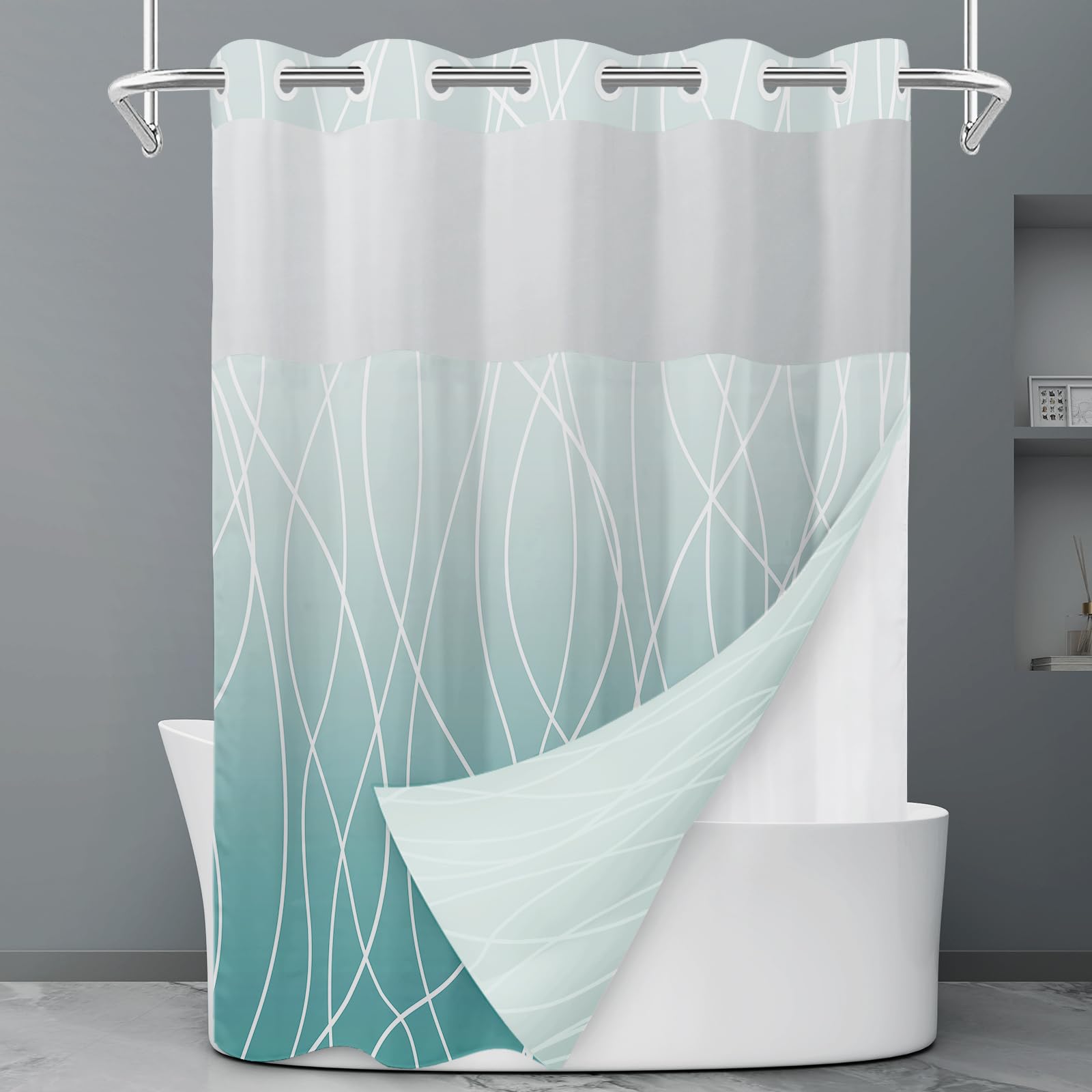 Rideau de douche à rayures grises et blanches sans crochet avec doublure à clipser – Rideau de douche d'hôtel pour salle de bain, imperméable et lavable en machine, 180 x 188 cm - pokemaRideau de douche à rayures grises et blanches sans crochet avec doublure à clipser – Rideau de douche d'hôtel pour salle de bain, imperméable et lavable en machine, 180 x 188 cm