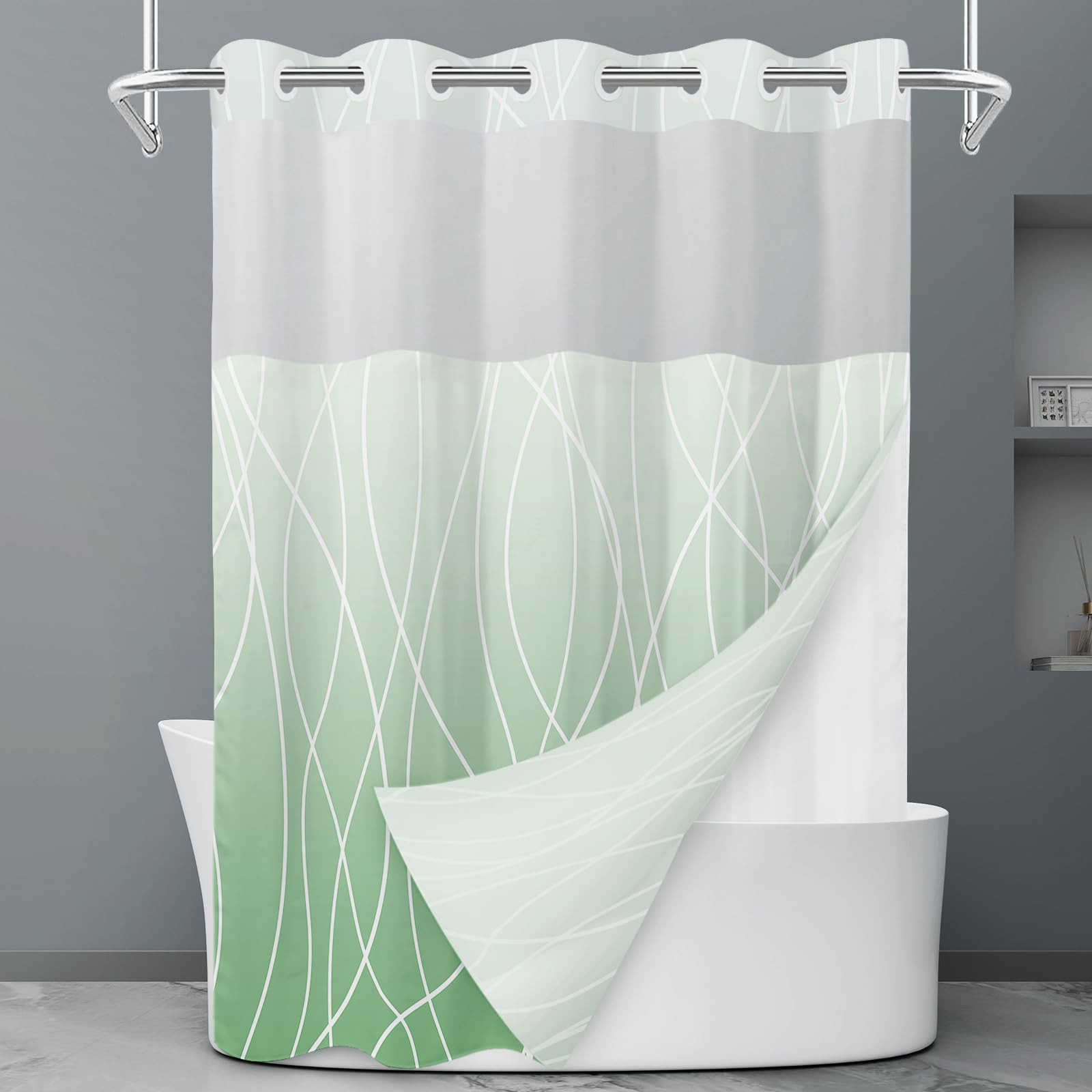 Rideau de douche à rayures grises et blanches sans crochet avec doublure à clipser – Rideau de douche d'hôtel pour salle de bain, imperméable et lavable en machine, 180 x 188 cm - pokemaRideau de douche à rayures grises et blanches sans crochet avec doublure à clipser – Rideau de douche d'hôtel pour salle de bain, imperméable et lavable en machine, 180 x 188 cm