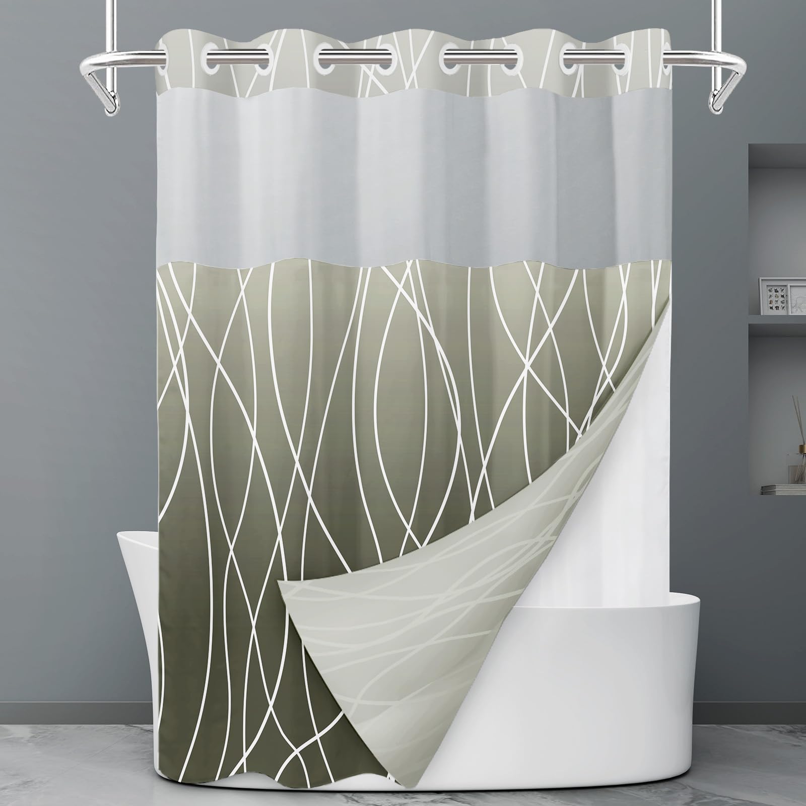 Rideau de douche à rayures grises et blanches sans crochet avec doublure à clipser – Rideau de douche d'hôtel pour salle de bain, imperméable et lavable en machine, 180 x 188 cm - pokemaRideau de douche à rayures grises et blanches sans crochet avec doublure à clipser – Rideau de douche d'hôtel pour salle de bain, imperméable et lavable en machine, 180 x 188 cm