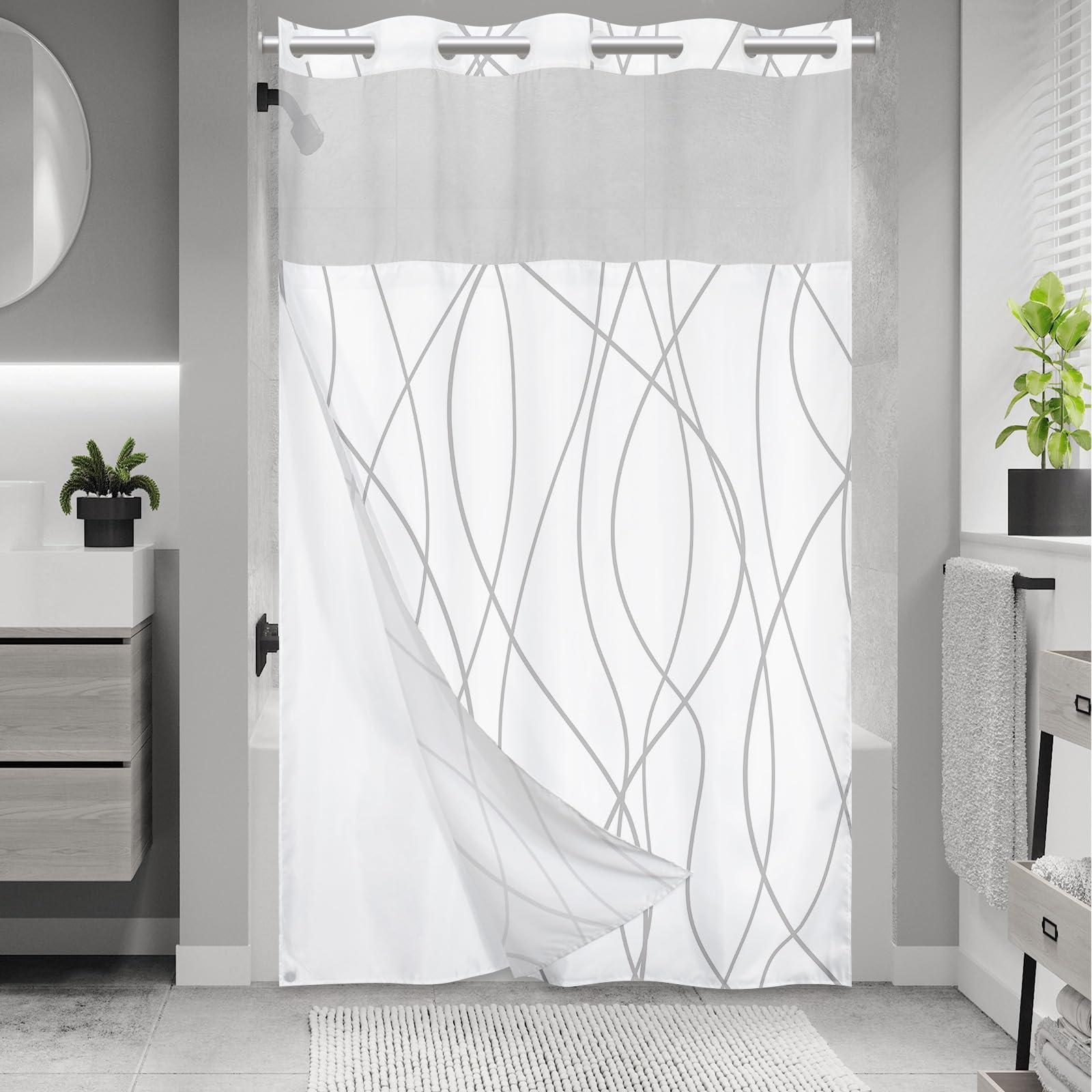 Rideau de douche à rayures grises et blanches sans crochet avec doublure à clipser – Rideau de douche d'hôtel pour salle de bain, imperméable et lavable en machine, 180 x 188 cm - pokemaRideau de douche à rayures grises et blanches sans crochet avec doublure à clipser – Rideau de douche d'hôtel pour salle de bain, imperméable et lavable en machine, 180 x 188 cm